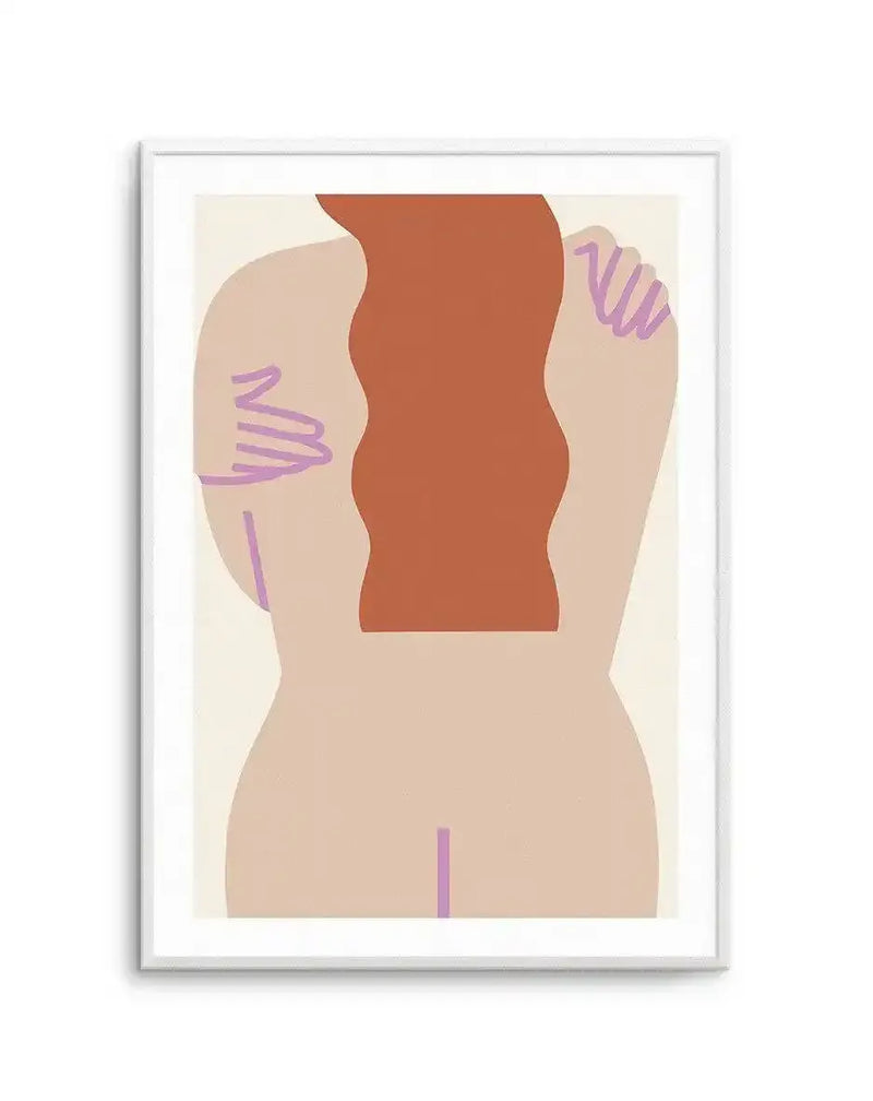 Abstract art print featuring a faceless figure from the back, with wavy reddish-brown hair, light beige skin, and arms wrapped around in a self-embrace, with subtle lavender lines indicating fingers and a vertical line at the bottom, displayed in a white frame with a white border.