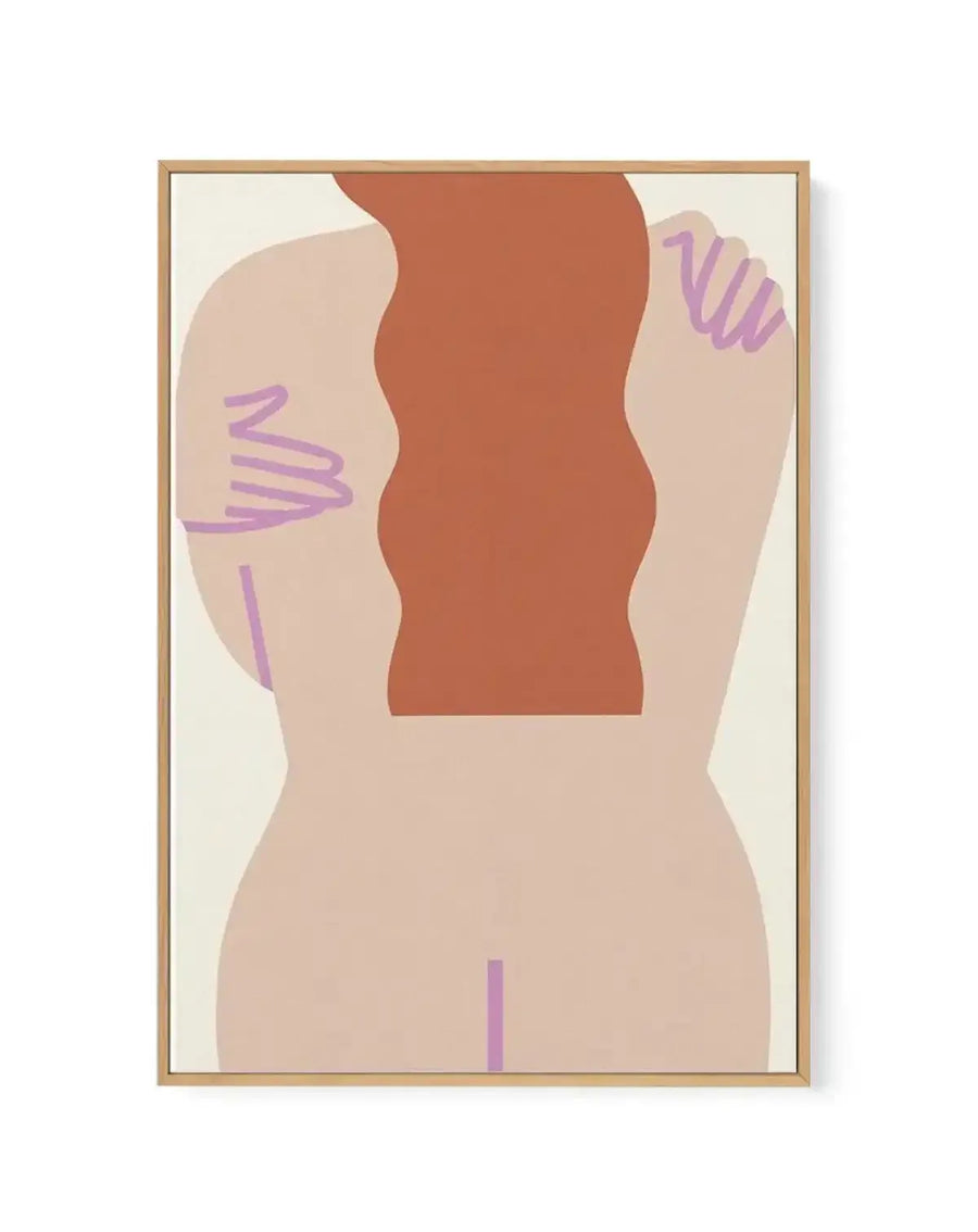 Framed canvas art print featuring an abstract minimalist illustration of a female figure viewed from behind. The composition uses a muted color palette with a cream background, soft beige body outline, terracotta-brown central form, and purple line accents on the shoulders, sides, and lower back. The artwork has a flat, graphic illustration style with organic, flowing shapes. The canvas is mounted in a natural wood frame with visible shadow effect against a white background.