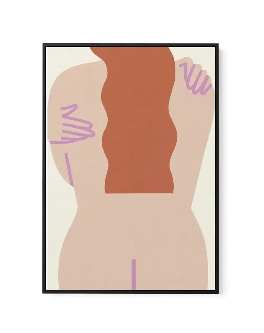 Framed canvas art print featuring an abstract illustration of a seated figure viewed from behind. The figure has a peachy-beige skin tone with a terracotta-brown rectangular shape in the center of the back. Purple line drawings accent the shoulders, sides, and lower back, suggesting movement or sensation. The background is a soft cream color. The canvas is mounted in a black frame with a white border.