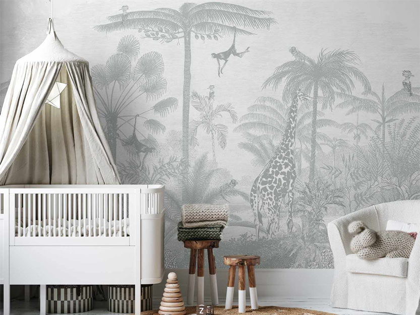 Modern gender neutral nursery featuring our vintage jungle wall mural with giraffe, monkey and birds available in removable peel and stick wallpaper or linen wallpaper varieties>
              </noscript>
              </div>
            
            </a>
            <div class=