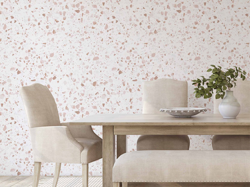 Feminine modern hamptons dining room featuring pink, cream and beige terrazzo style removable wallpaper>
              </noscript>
              </div>
            
            </a>
            <div class=