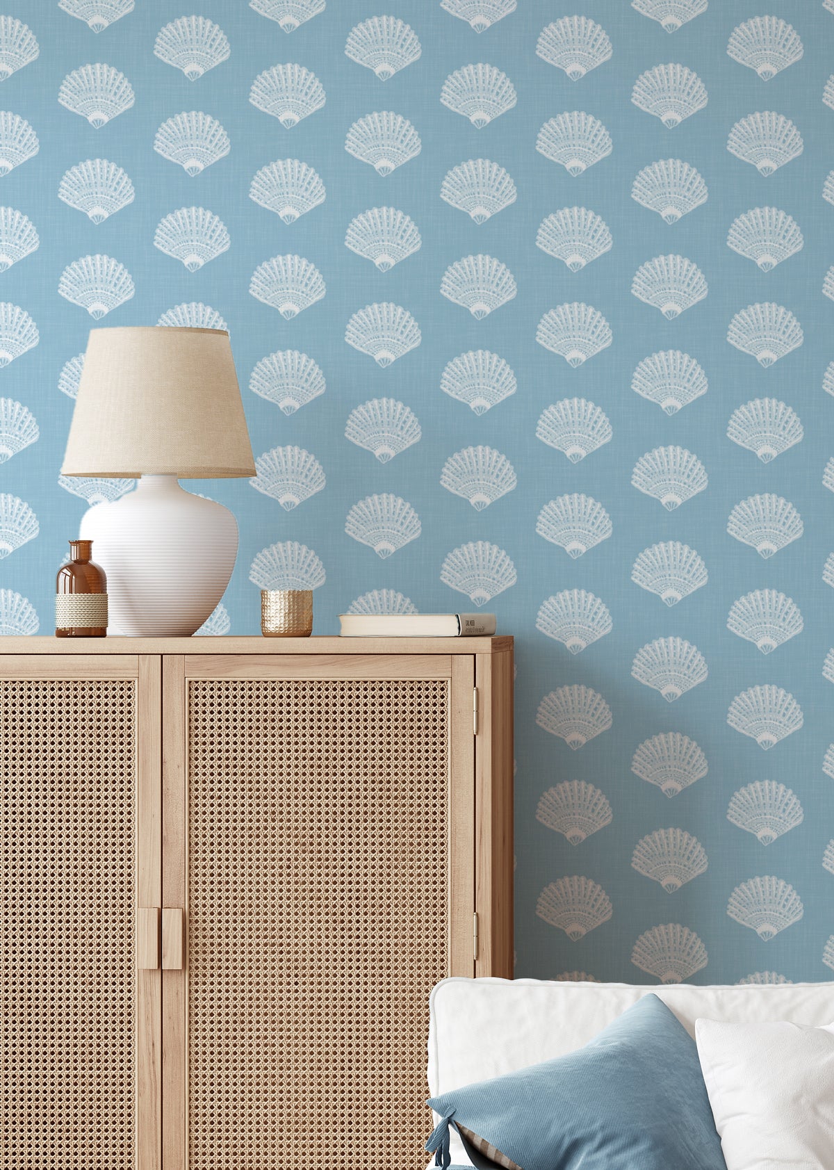 Coastal Shell Luxe in Ocean Blue Wallpaper from Olive et Oriel where you can shop wallpaper and artworks online