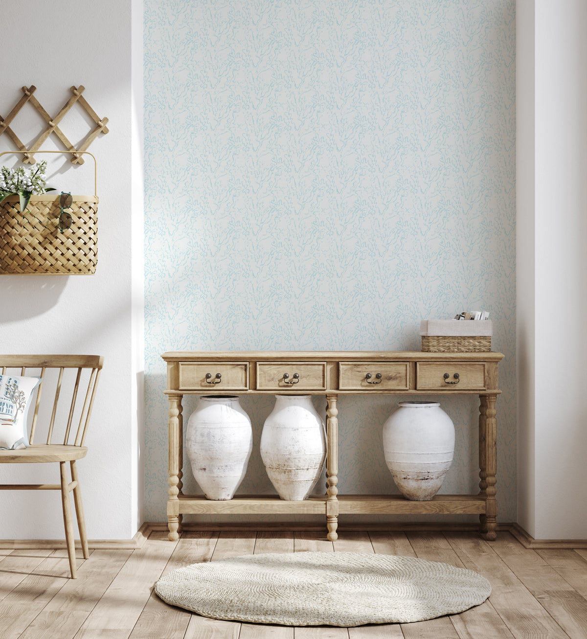 Hamptons Coral in Light Blue Wallpaper from Olive et Oriel where you can shop wallpaper and artworks online
