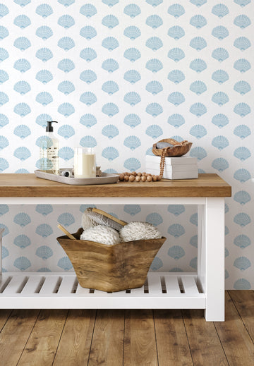 Coastal Shell Luxe Blue On White Wallpaper from Olive et Oriel where you can shop wallpaper and artworks online