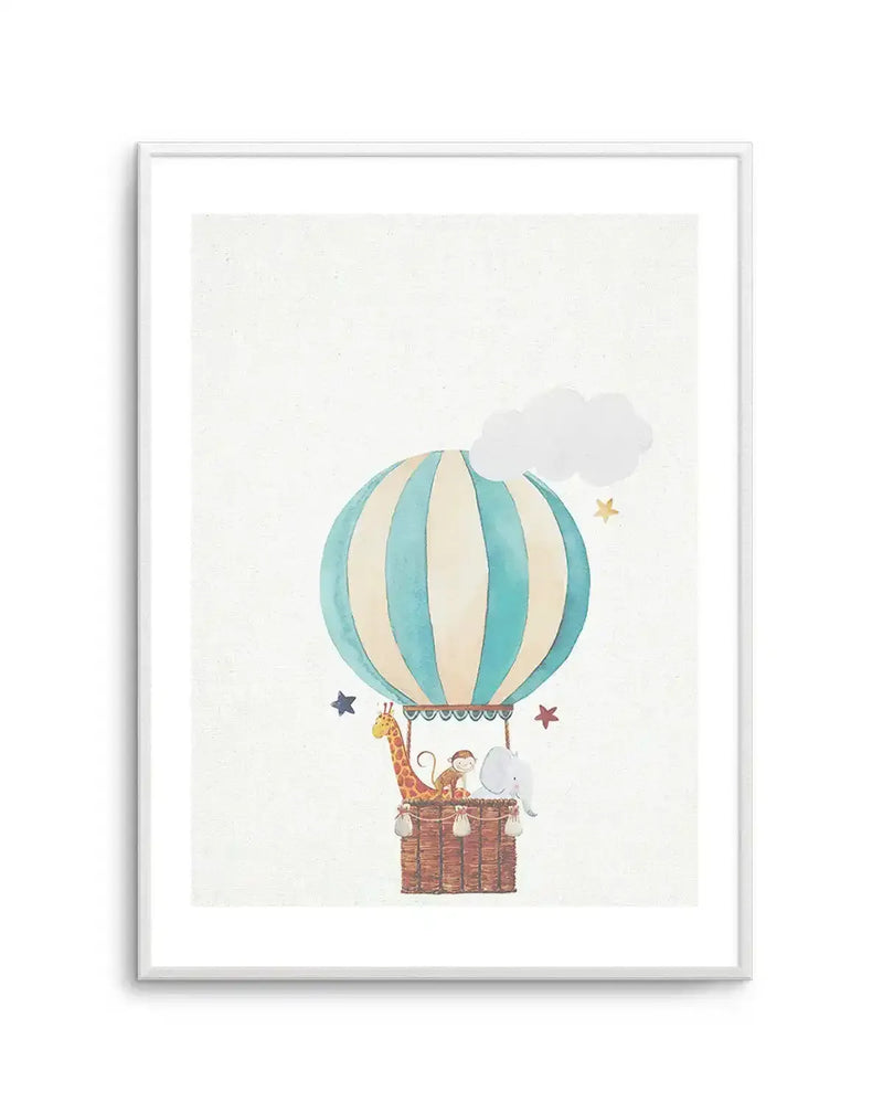 Watercolour art print featuring a hot air balloon with vertical stripes in pale blue and cream, carrying a giraffe, a monkey, and an elephant in a brown wicker basket. The background is a soft white with a few scattered stars in gold and red, and a white cloud near the top of the balloon. The print is displayed in a white frame with a white border.