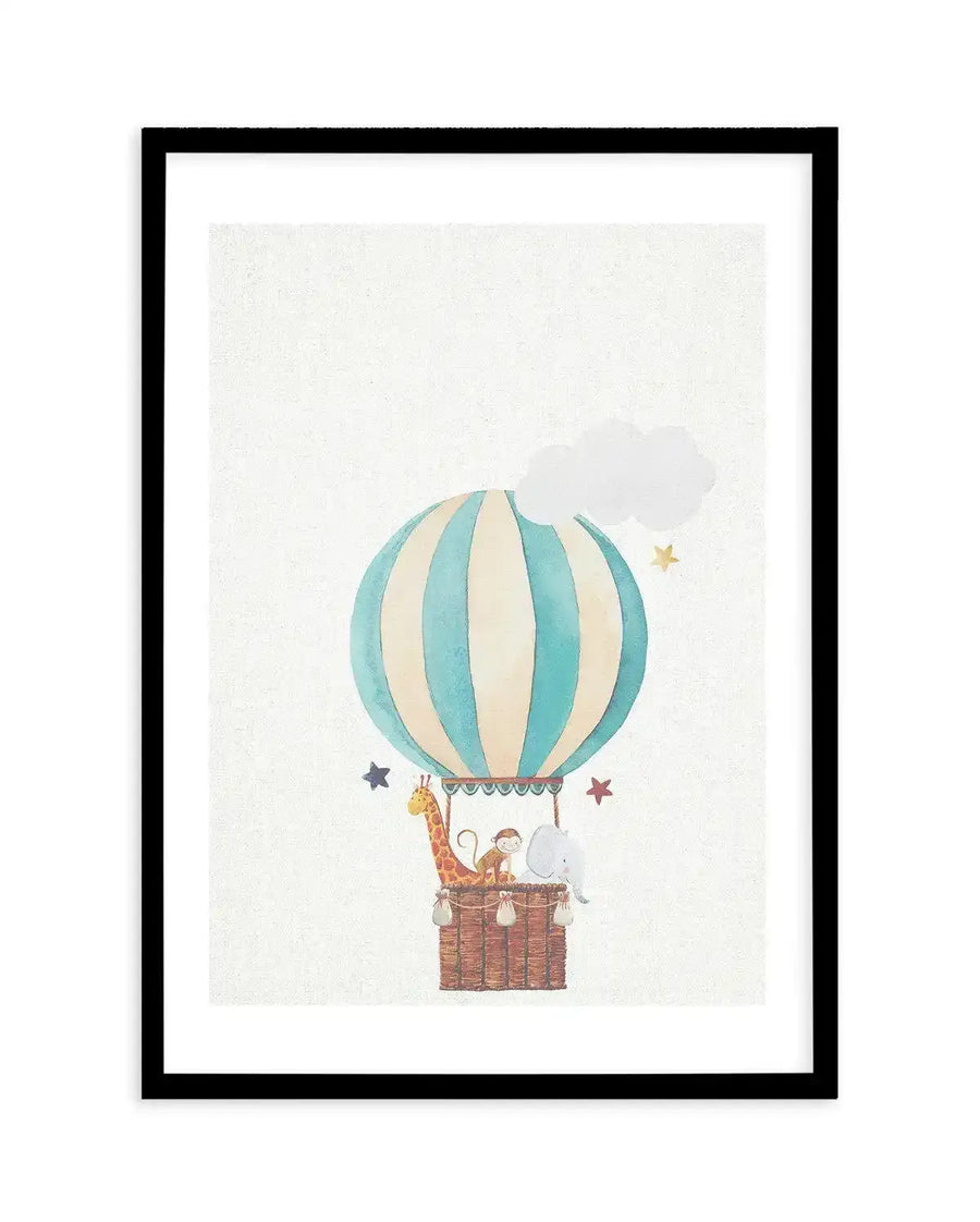 Watercolour art print featuring a hot air balloon with vertical stripes in pale blue and cream, carrying a giraffe, a monkey, and a baby elephant in a woven basket. The whimsical illustration includes a white cloud and scattered stars in gold, blue, and red on a textured white background, displayed in a black frame with a white border.