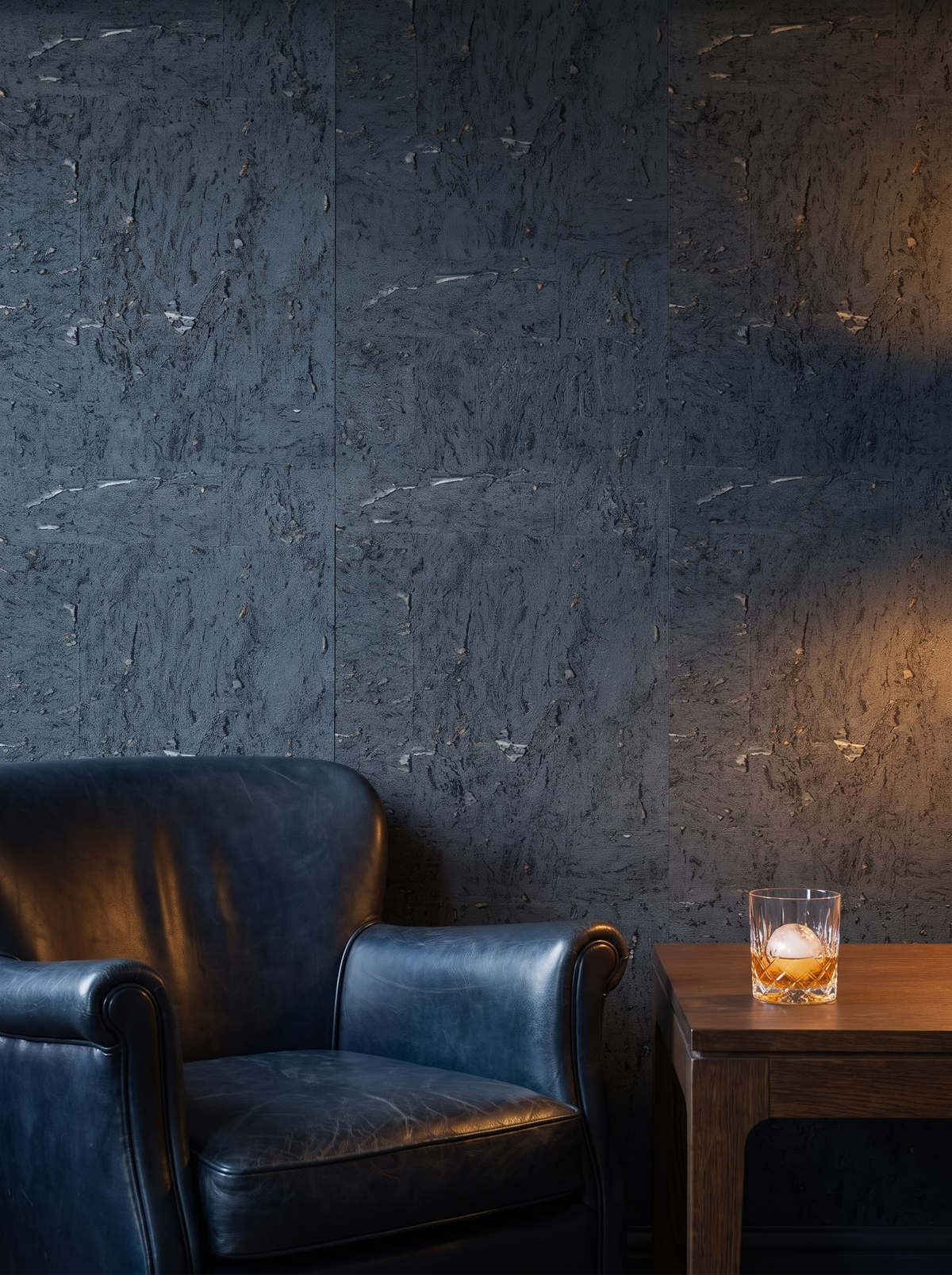 slate blue cork wallpaper lounge wallcovering