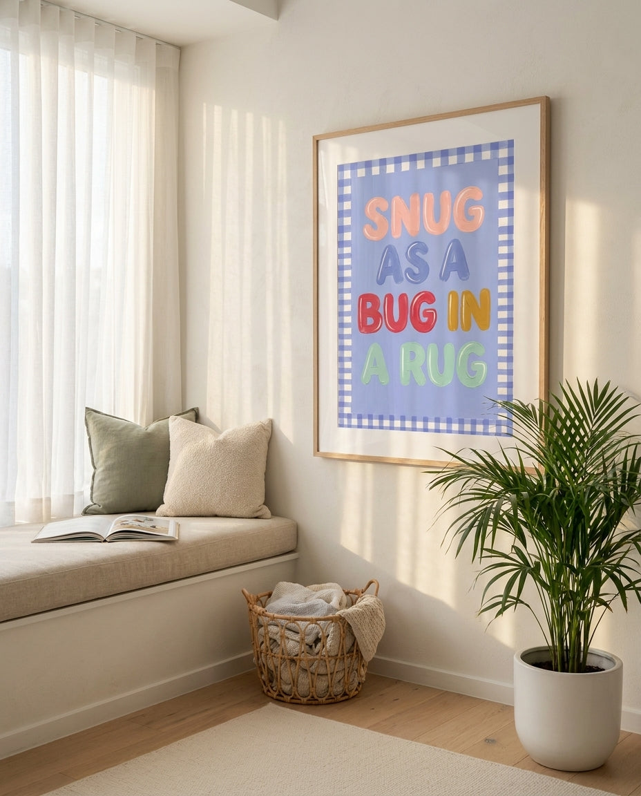 Snug As A Bug nursery art print framed and styled on the wall of a coastal Australian baby room at Olive et Oriel