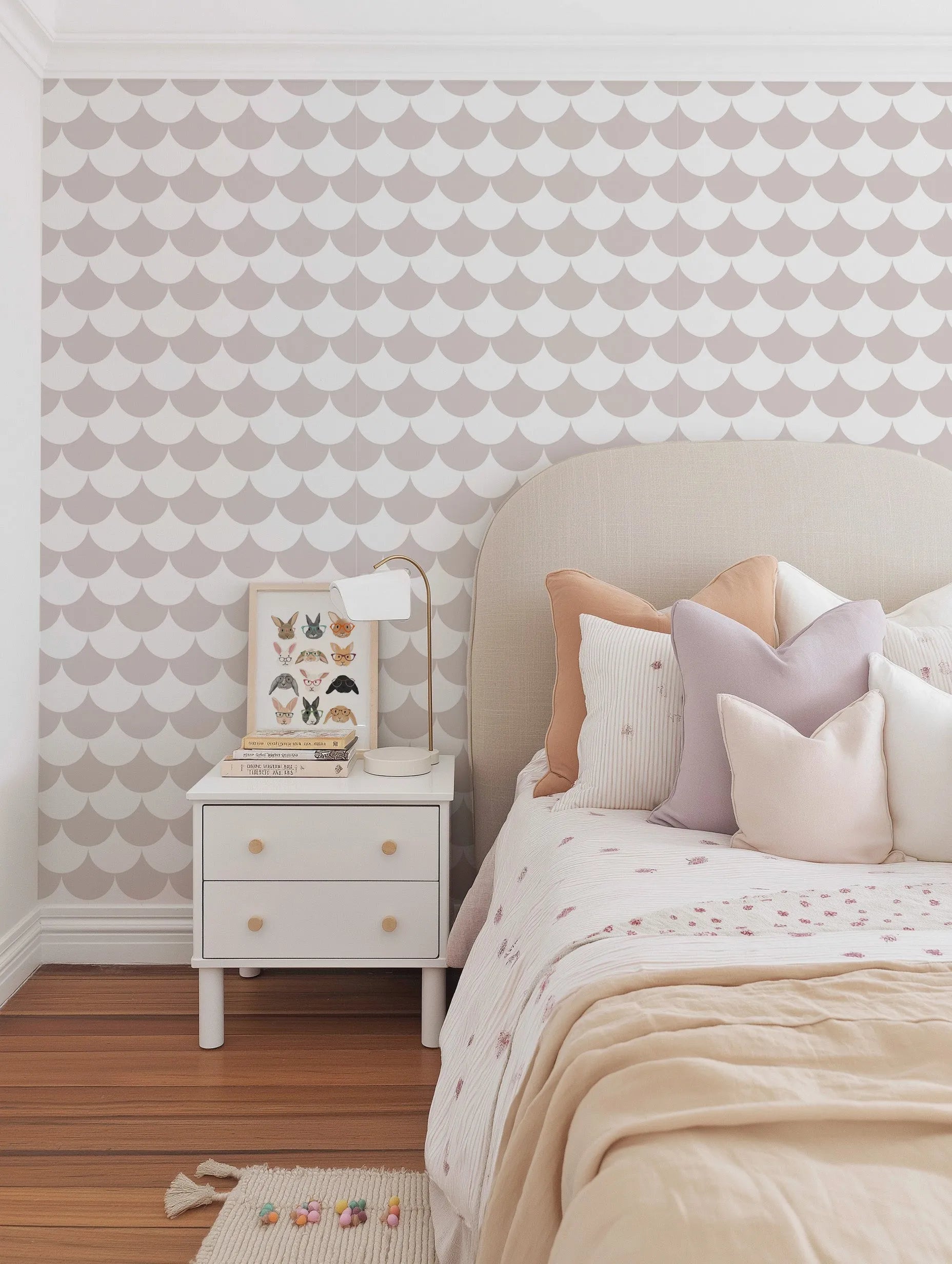 Soft Grey Scallops Wallpaper from Olive et Oriel where you can shop wallpaper and artworks online