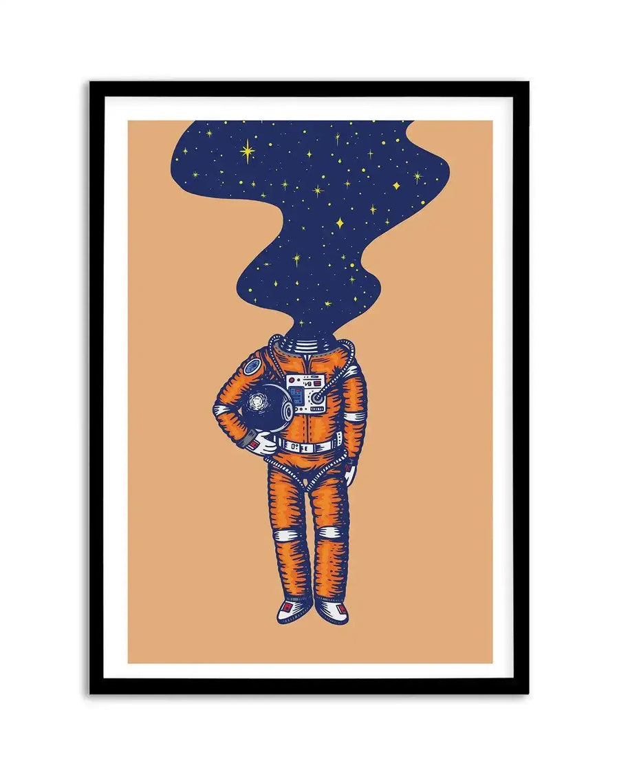 Art print featuring an illustration of an astronaut in an orange and blue suit with a dark blue, star-filled nebula emerging from the head, displayed in a black frame with a white border. The astronaut holds a dark blue helmet under their left arm, and the suit has intricate details and textures.