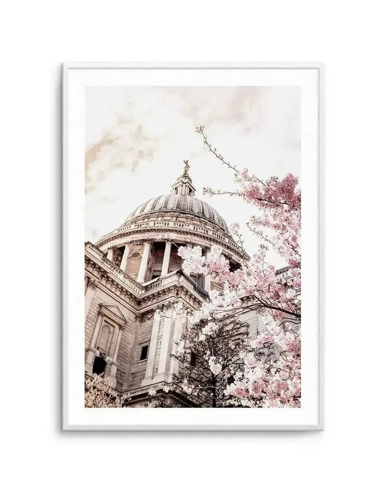 Framed photograph of St Paul's Cathedral in London, captured from a low angle looking up, with a foreground of delicate pink cherry blossoms. The cathedral's dome and classical architecture in light stone are prominent against a soft, cloudy sky. The print is displayed in a white frame with a white border.