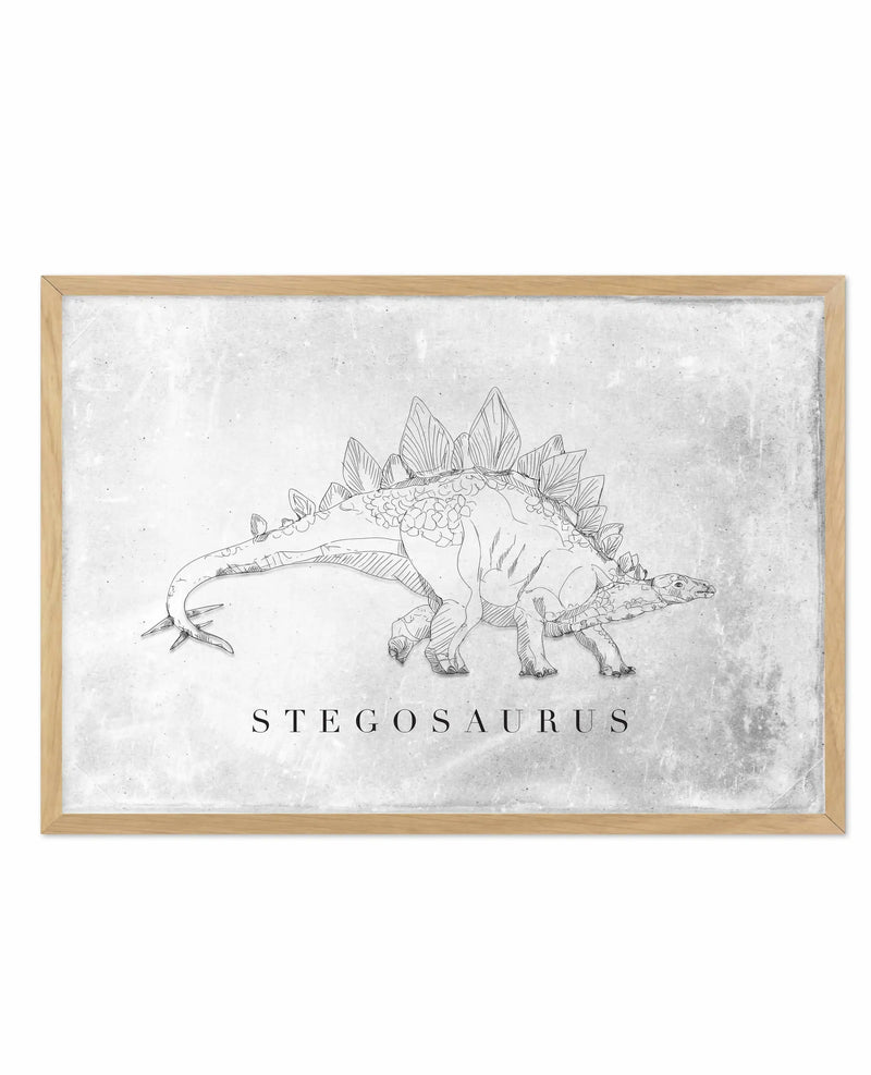 Framed art print featuring a detailed line drawing of a Stegosaurus dinosaur in black ink on a weathered white textured background. The dinosaur is shown in side profile with characteristic large bony plates running along its back and spikes on its tail. Below the illustration, the word "STEGOSAURUS" is printed in serif capitals. The artwork is housed in a light natural wood frame with a white border.