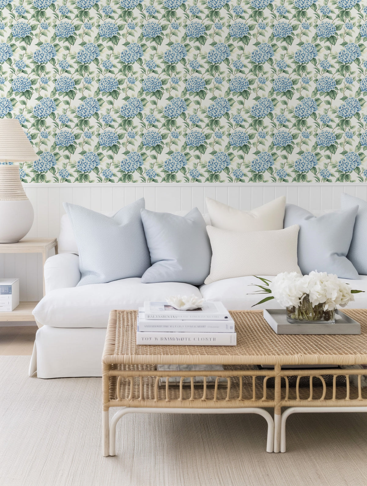 Hydrangea Cottage Flower in Light Blue Wallpaper from Olive et Oriel where you can shop wallpaper and artworks online