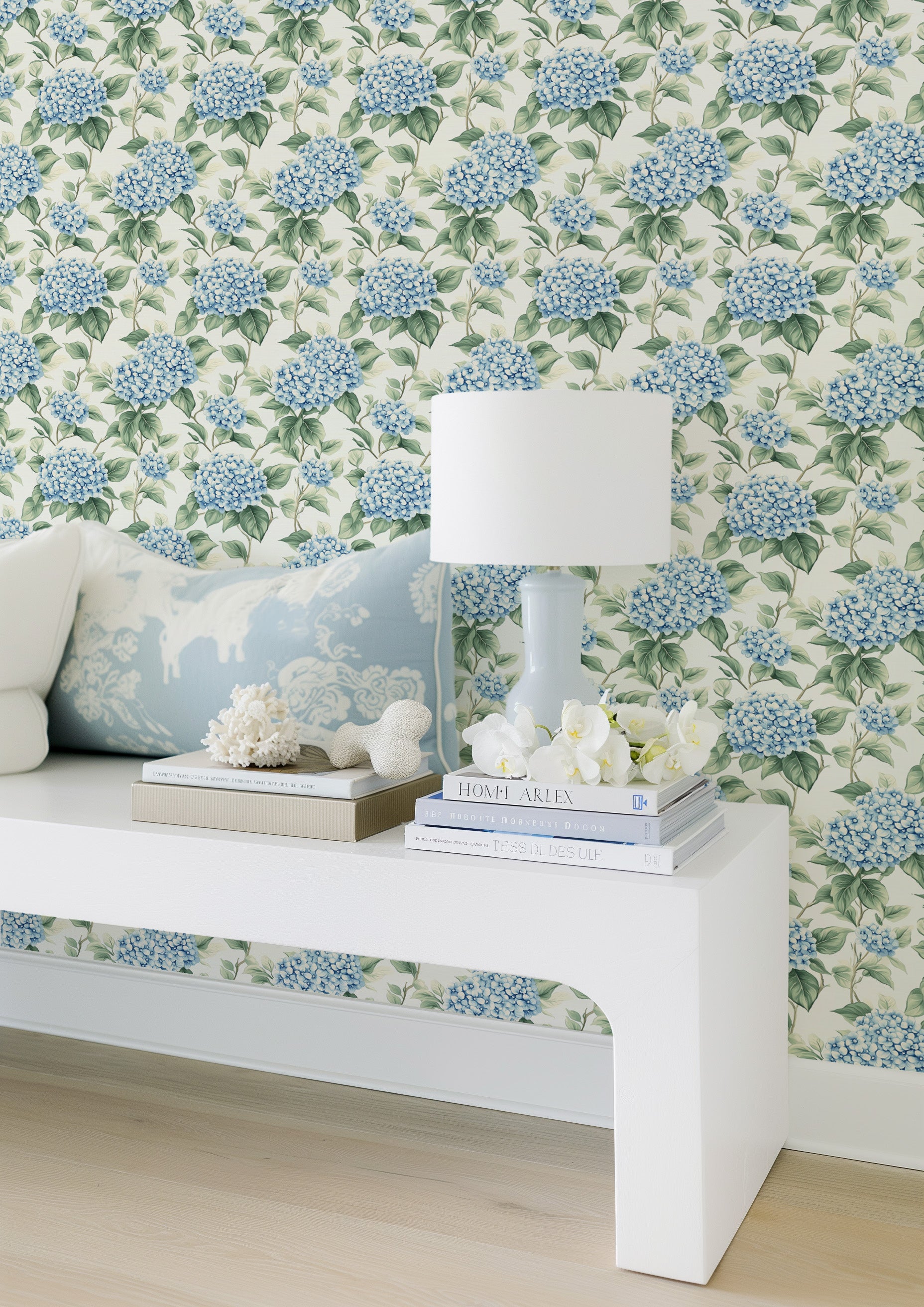 Hydrangea Cottage Flower in Light Blue Wallpaper