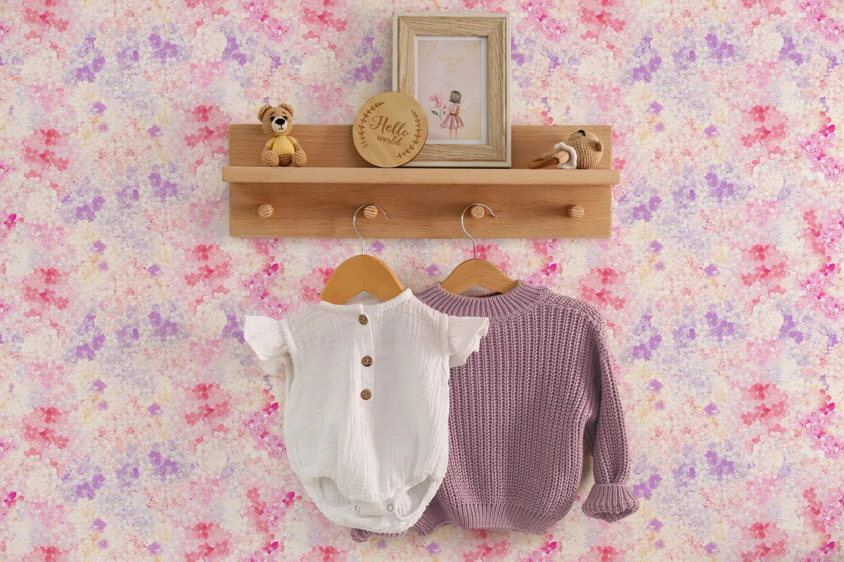 Delicate Hydrangea in Soft Pink & Lilac Wallpaper from Olive et Oriel where you can shop wallpaper and artworks online