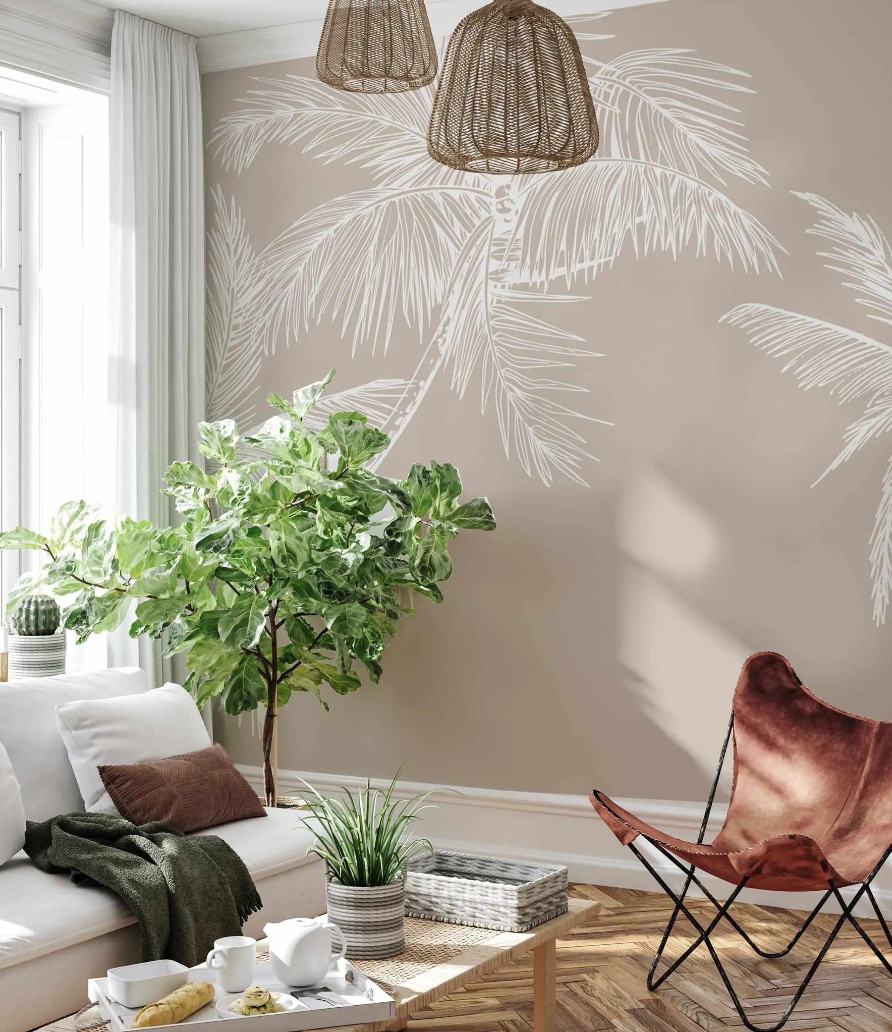 The Palms Wallpaper in Ecru from Olive et Oriel where you can shop wallpaper and artworks online