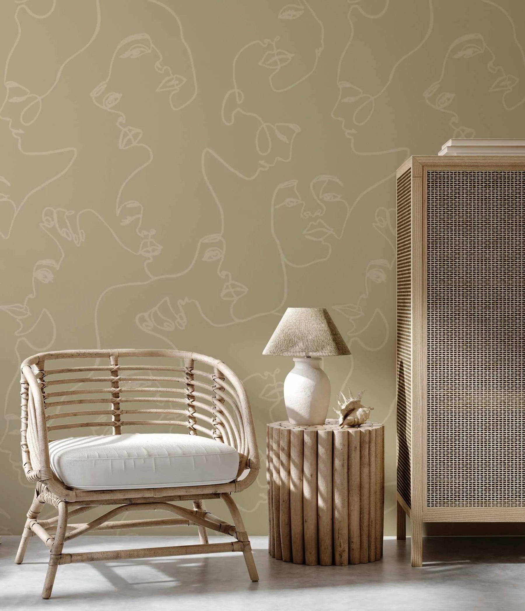 Faces in Duck in Khaki Wallpaper from Olive et Oriel where you can shop wallpaper and artworks online