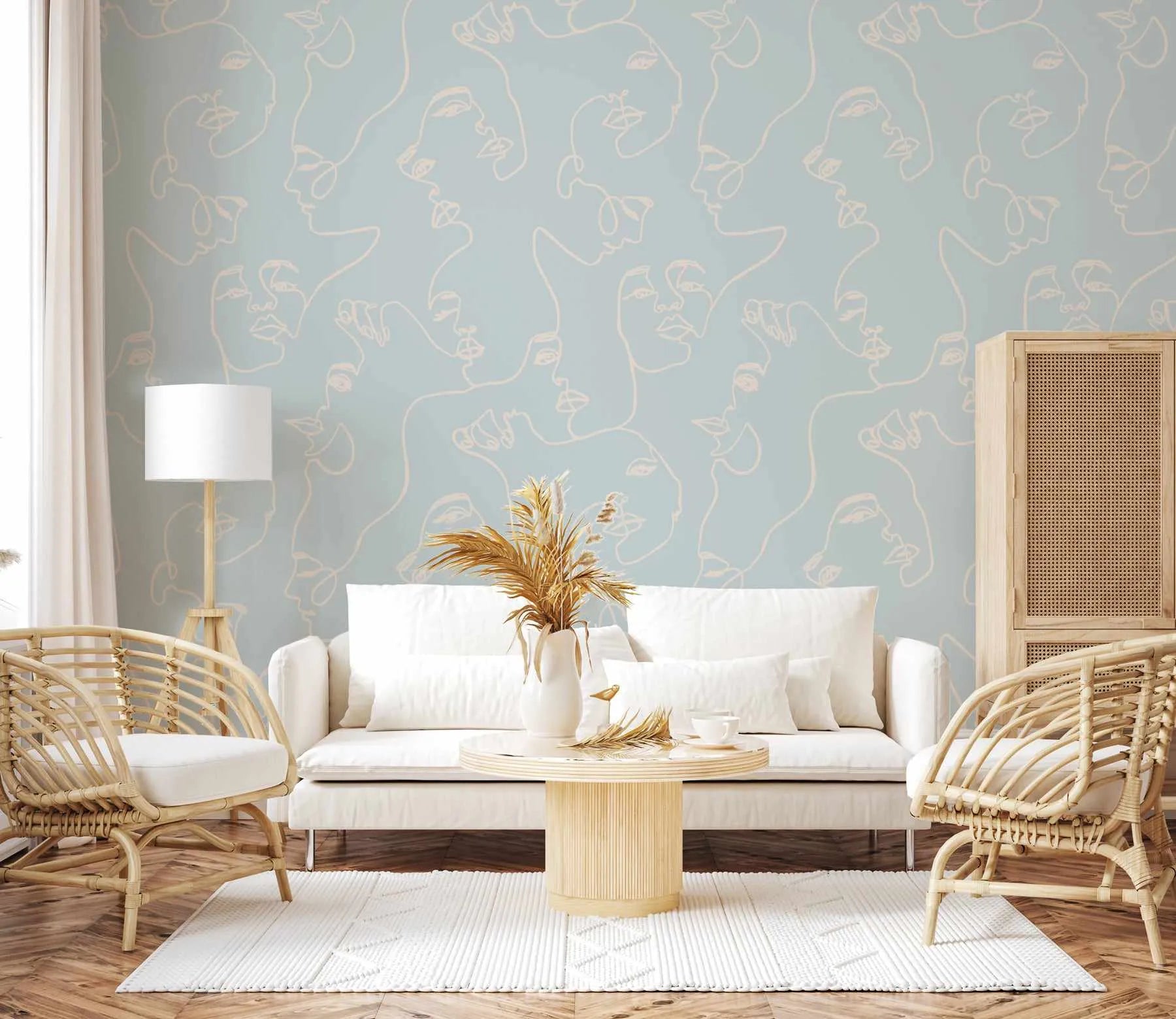 Faces in Duck Egg Blue Wallpaper from Olive et Oriel where you can shop wallpaper and artworks online