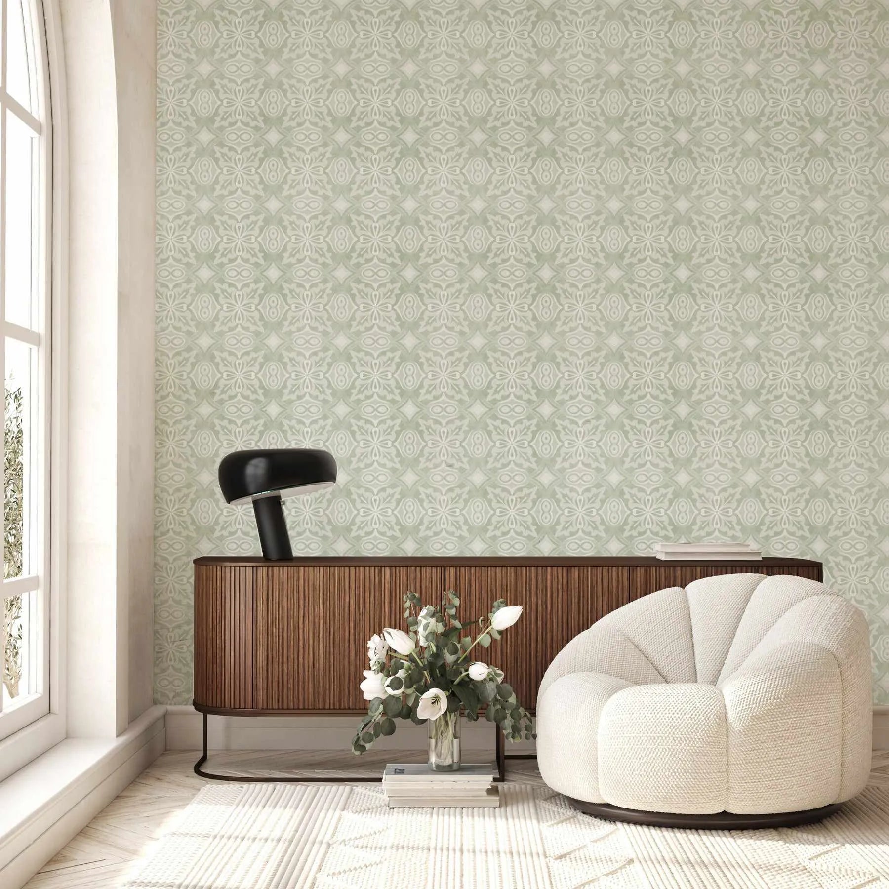 Watercolour Tile Sage Green Wallpaper from Olive et Oriel where you can shop wallpaper and artworks online