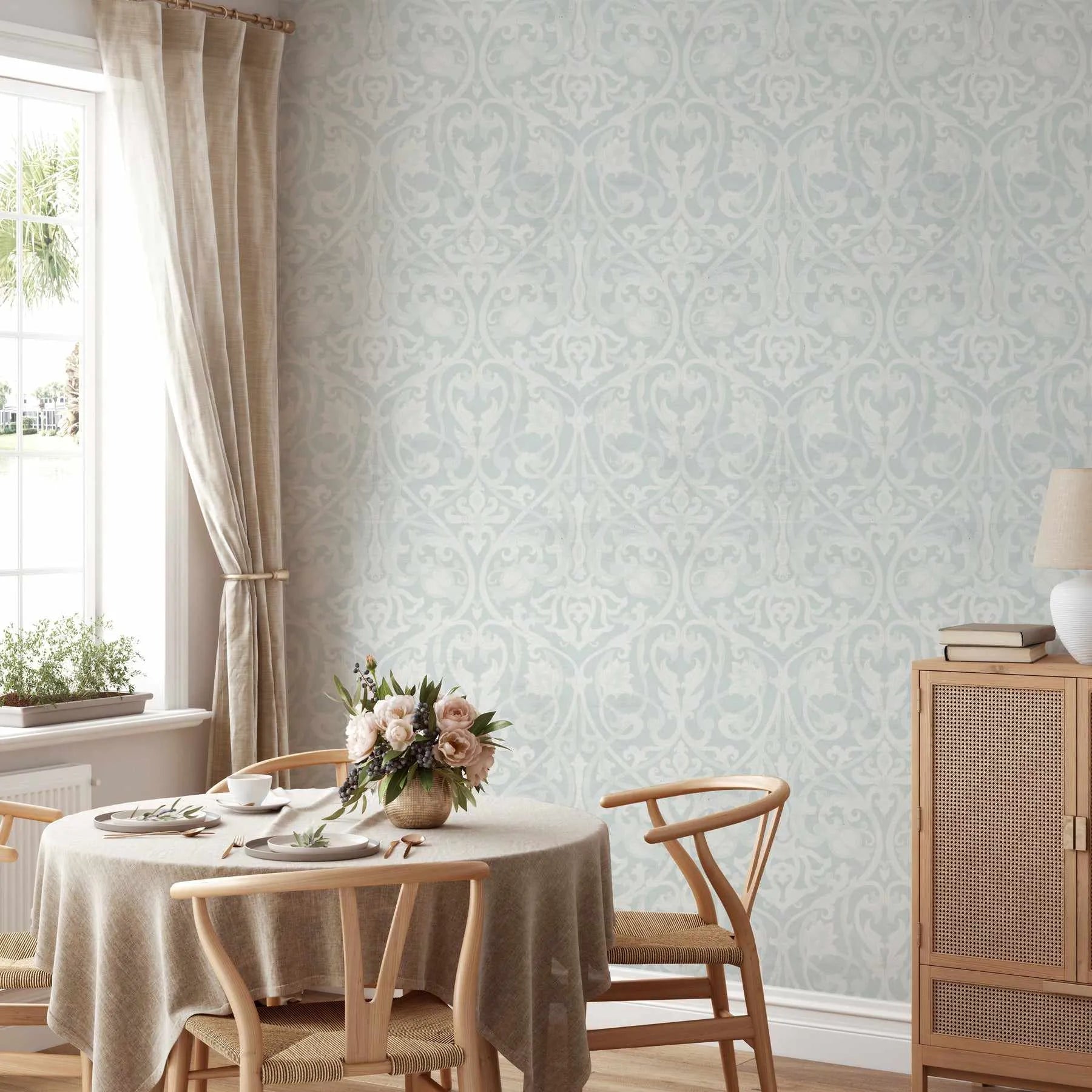 Emerald Damask Wallpaper from Olive et Oriel where you can shop wallpaper and artworks online