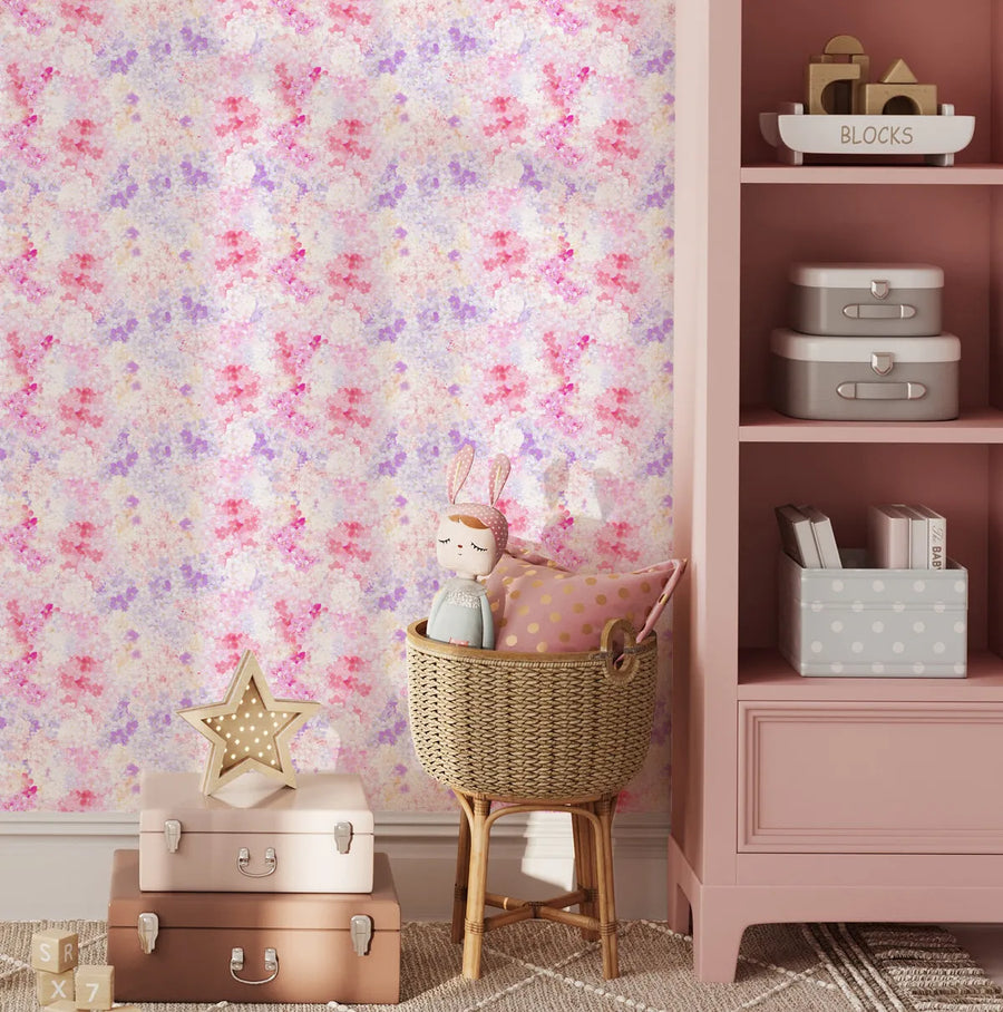 Delicate Hydrangea in Soft Pink & Lilac Wallpaper from Olive et Oriel where you can shop wallpaper and artworks online