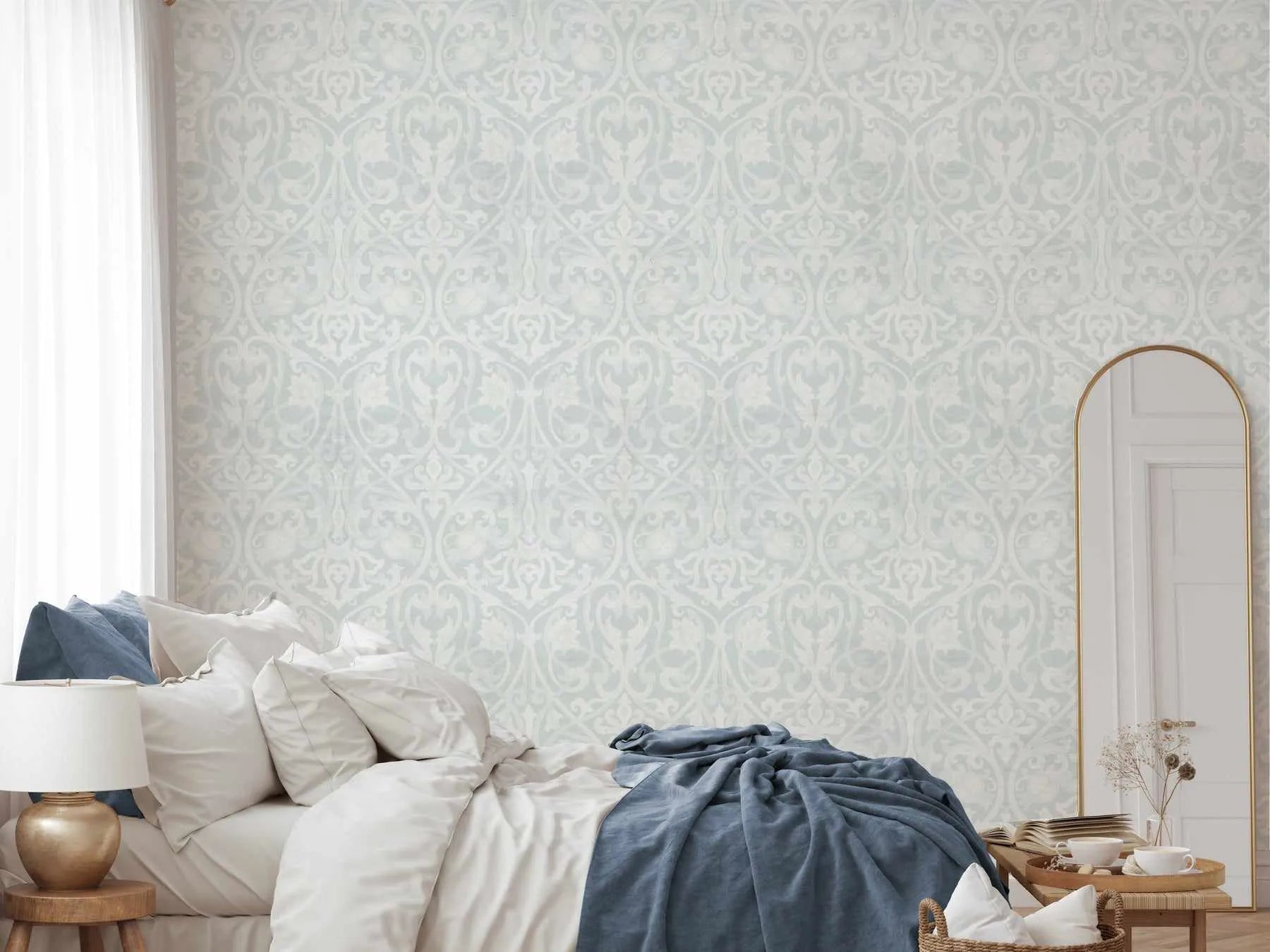 Emerald Damask Wallpaper from Olive et Oriel where you can shop wallpaper and artworks online