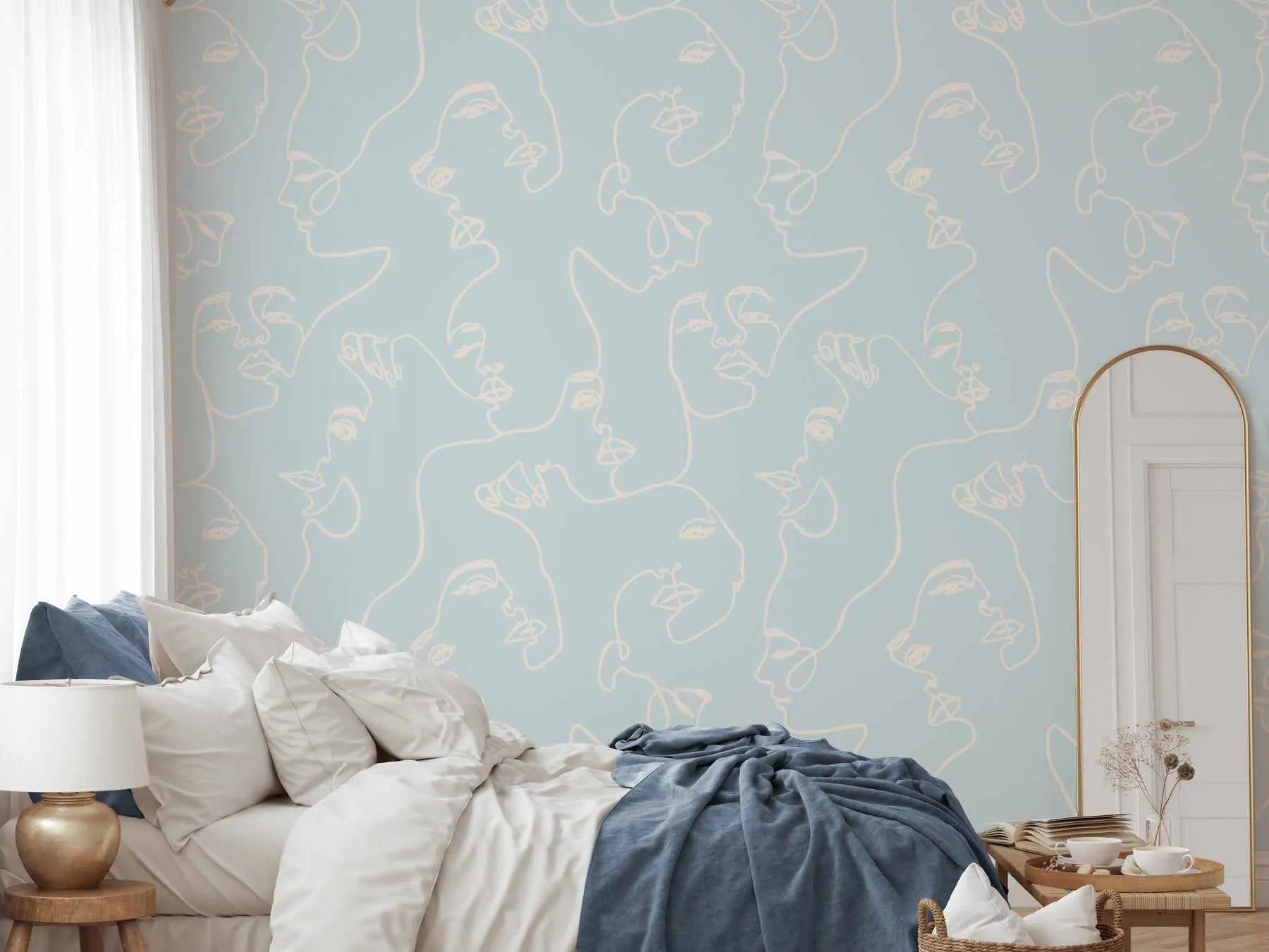 Faces in Duck Egg Blue Wallpaper from Olive et Oriel where you can shop wallpaper and artworks online