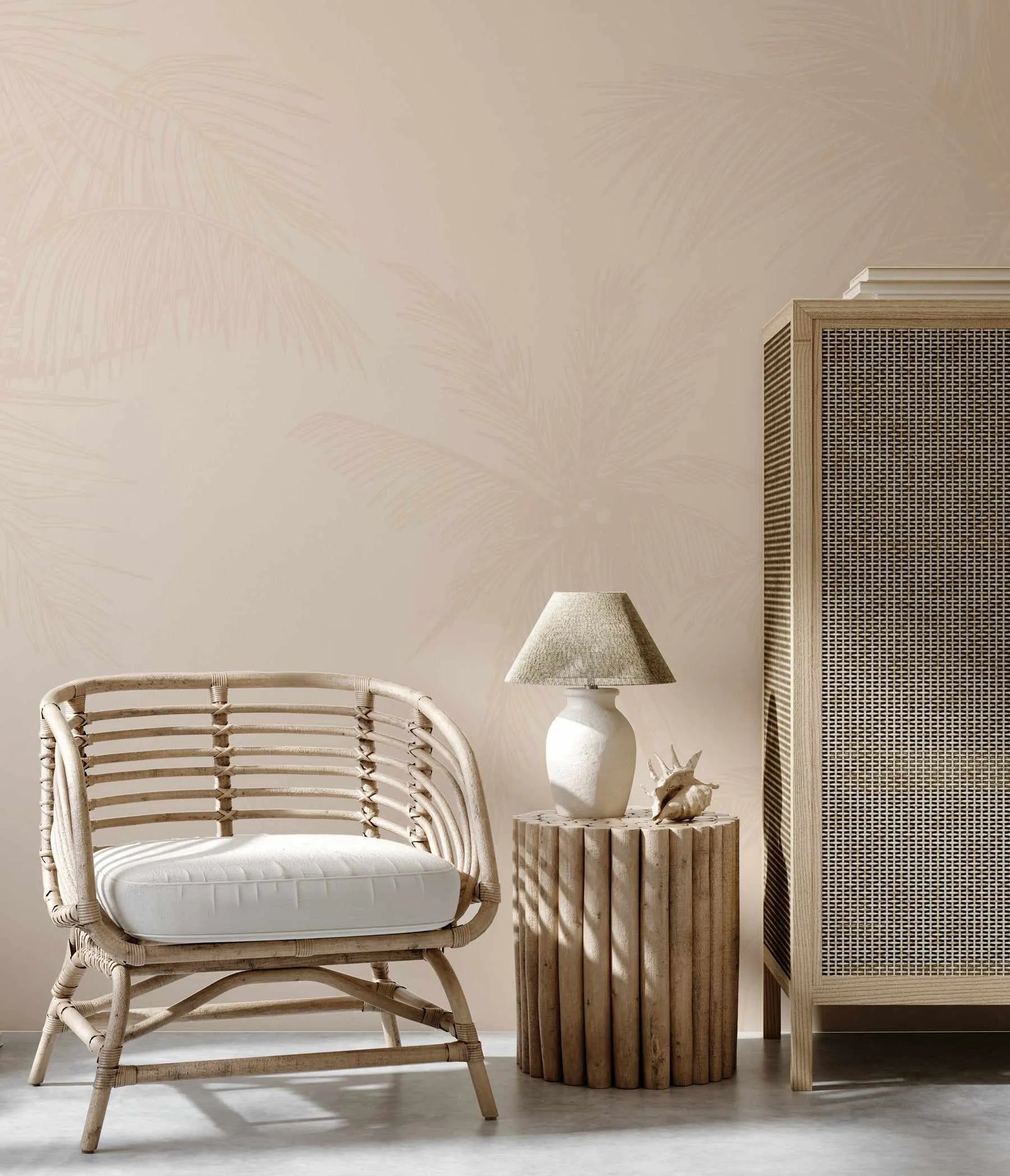 The Palms Wallpaper in Vanilla from Olive et Oriel where you can shop wallpaper and artworks online