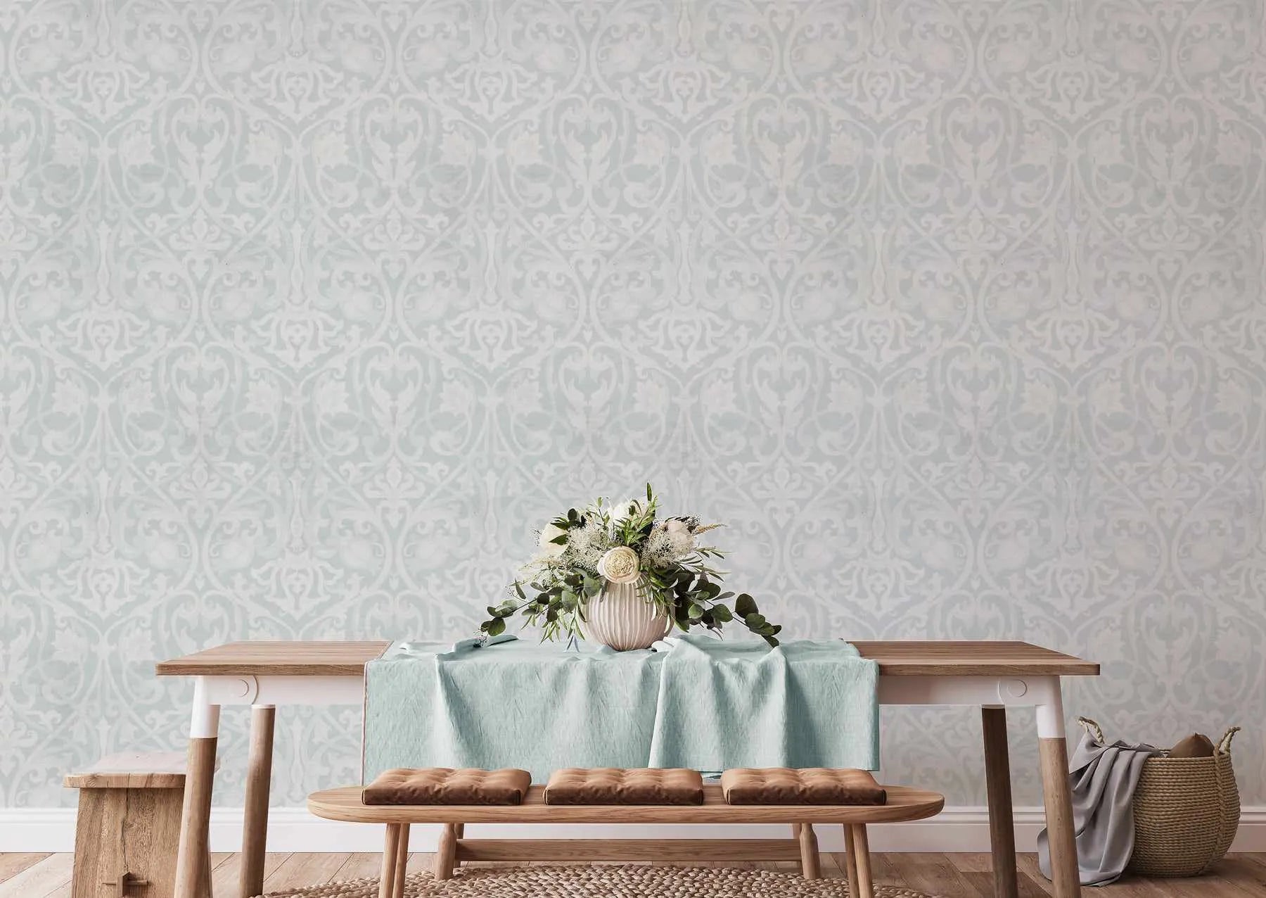 Emerald Damask Wallpaper from Olive et Oriel where you can shop wallpaper and artworks online