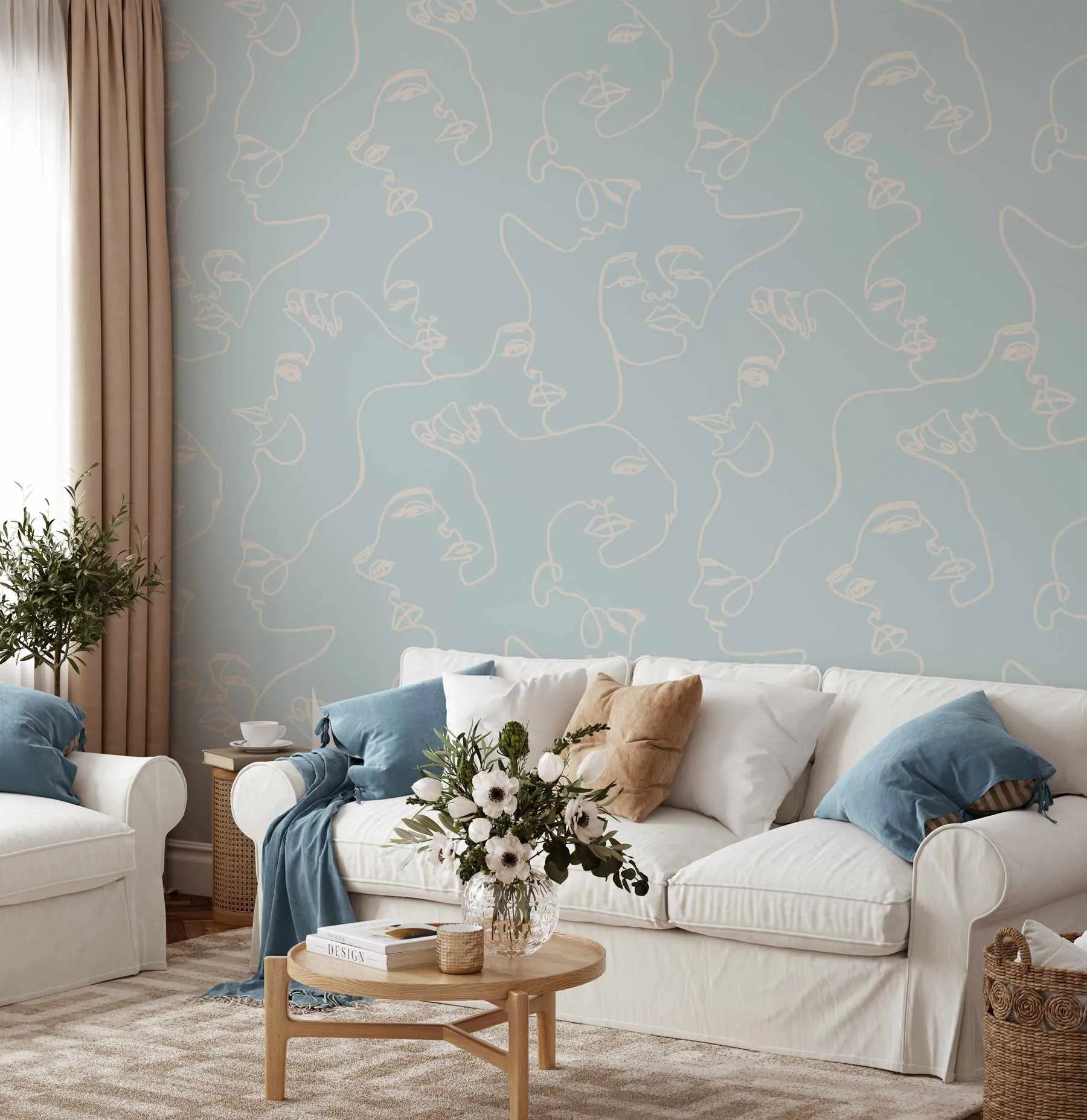 Faces in Duck Egg Blue Wallpaper from Olive et Oriel where you can shop wallpaper and artworks online