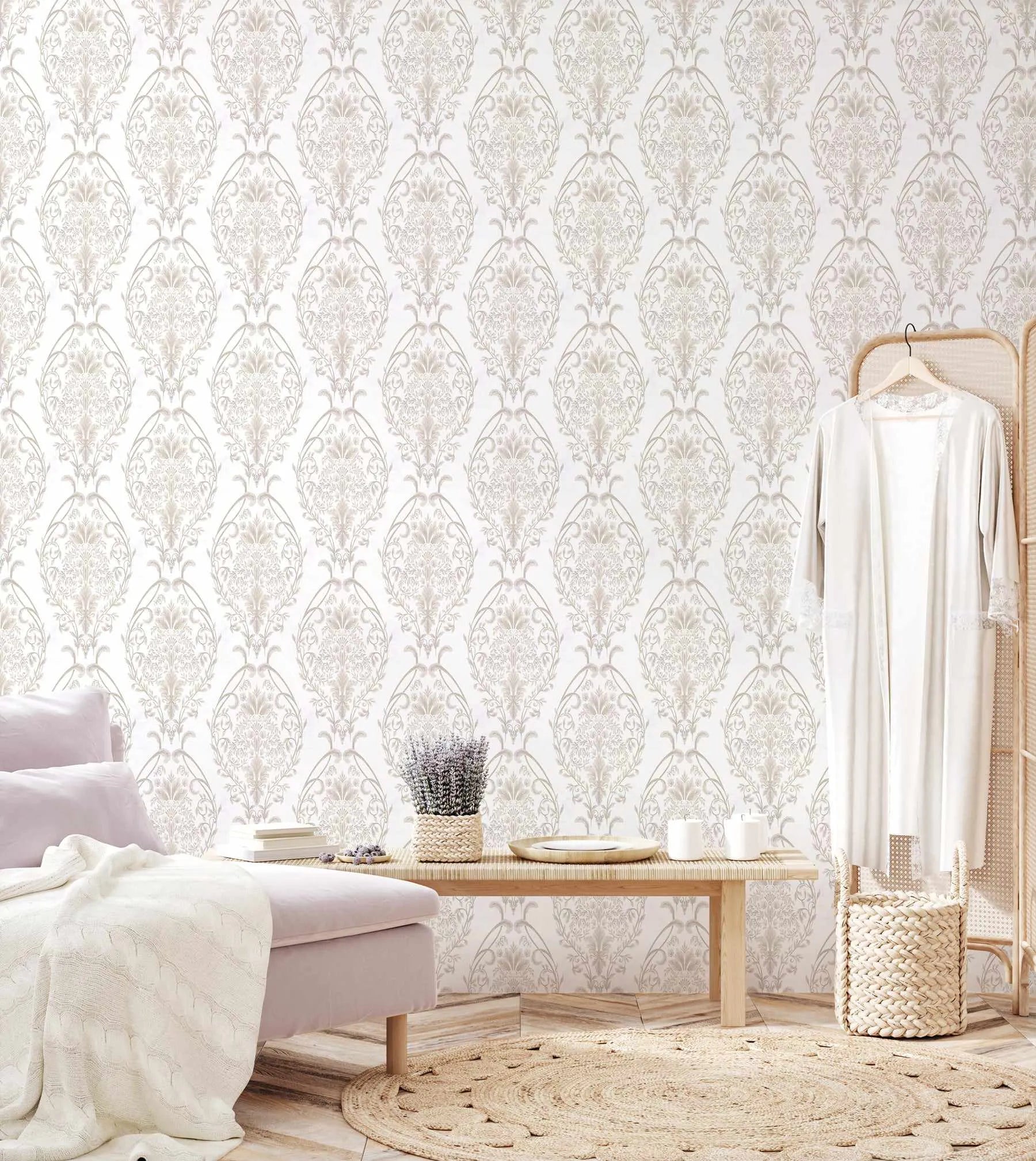 Luxe Damask Wallpaper from Olive et Oriel where you can shop wallpaper and artworks online