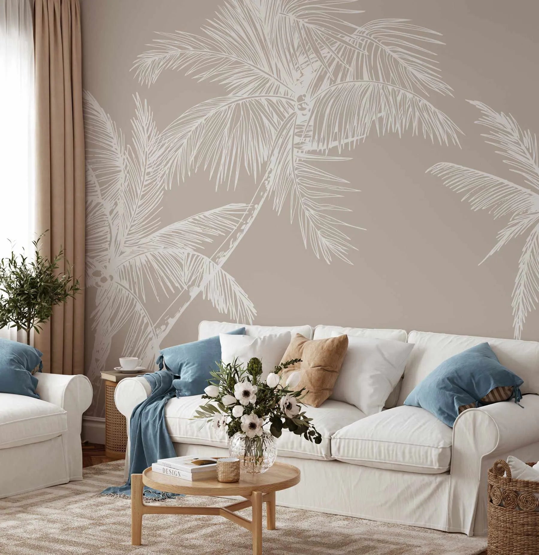 The Palms Wallpaper in Ecru from Olive et Oriel where you can shop wallpaper and artworks online