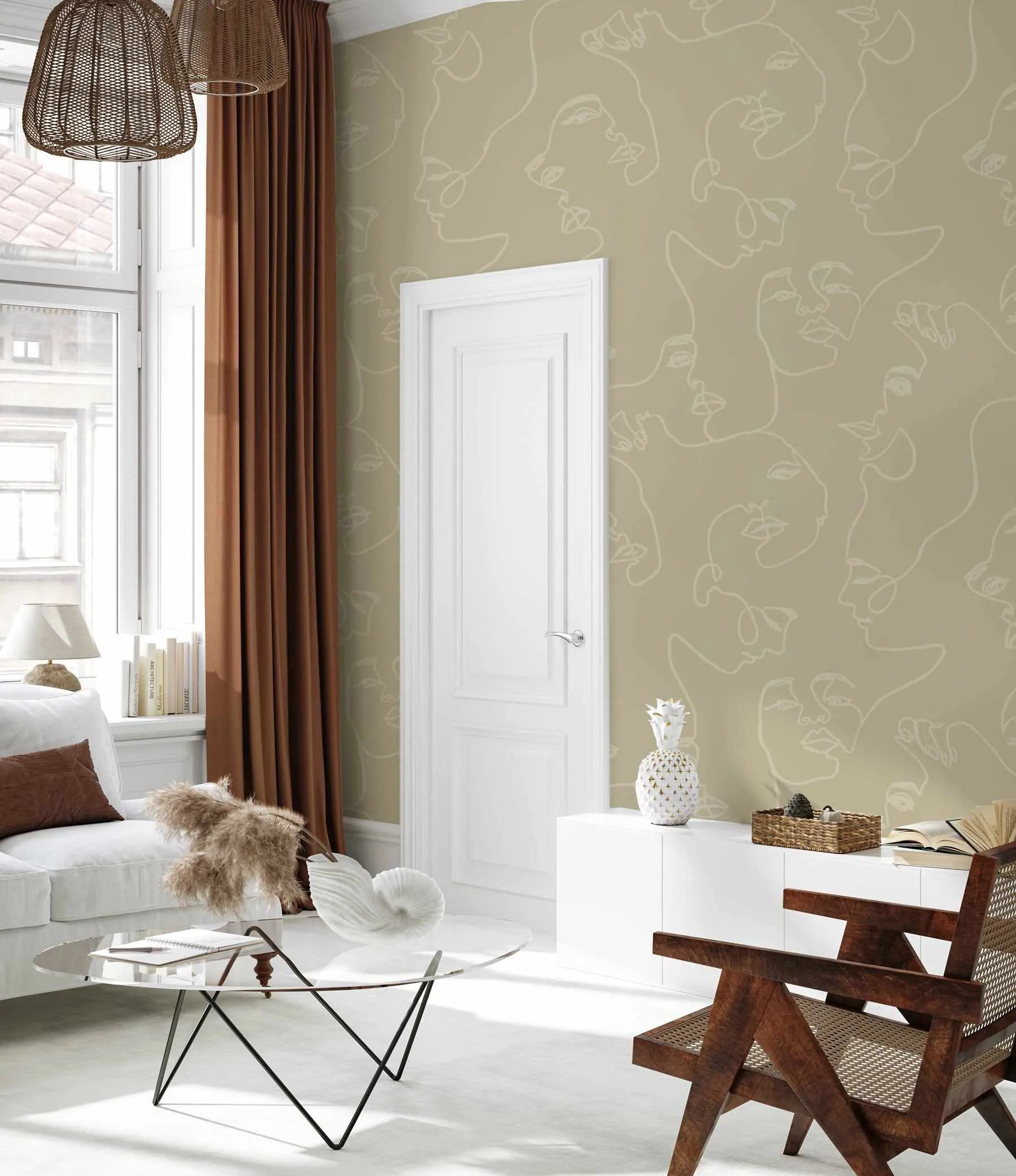 Faces in Duck in Khaki Wallpaper from Olive et Oriel where you can shop wallpaper and artworks online