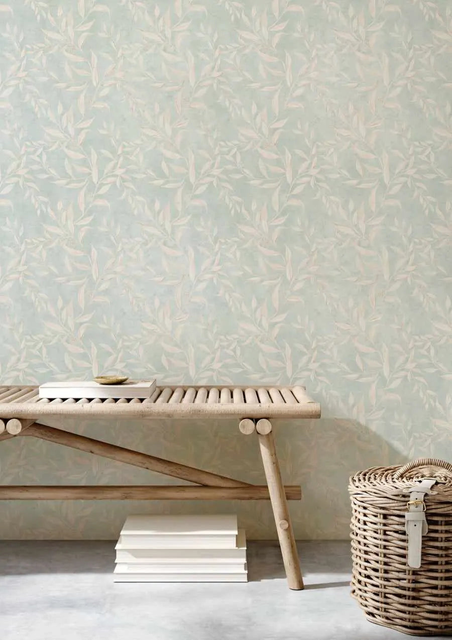 Olive Leaf Wallpaper in Blue Grey from Olive et Oriel where you can shop wallpaper and artworks online