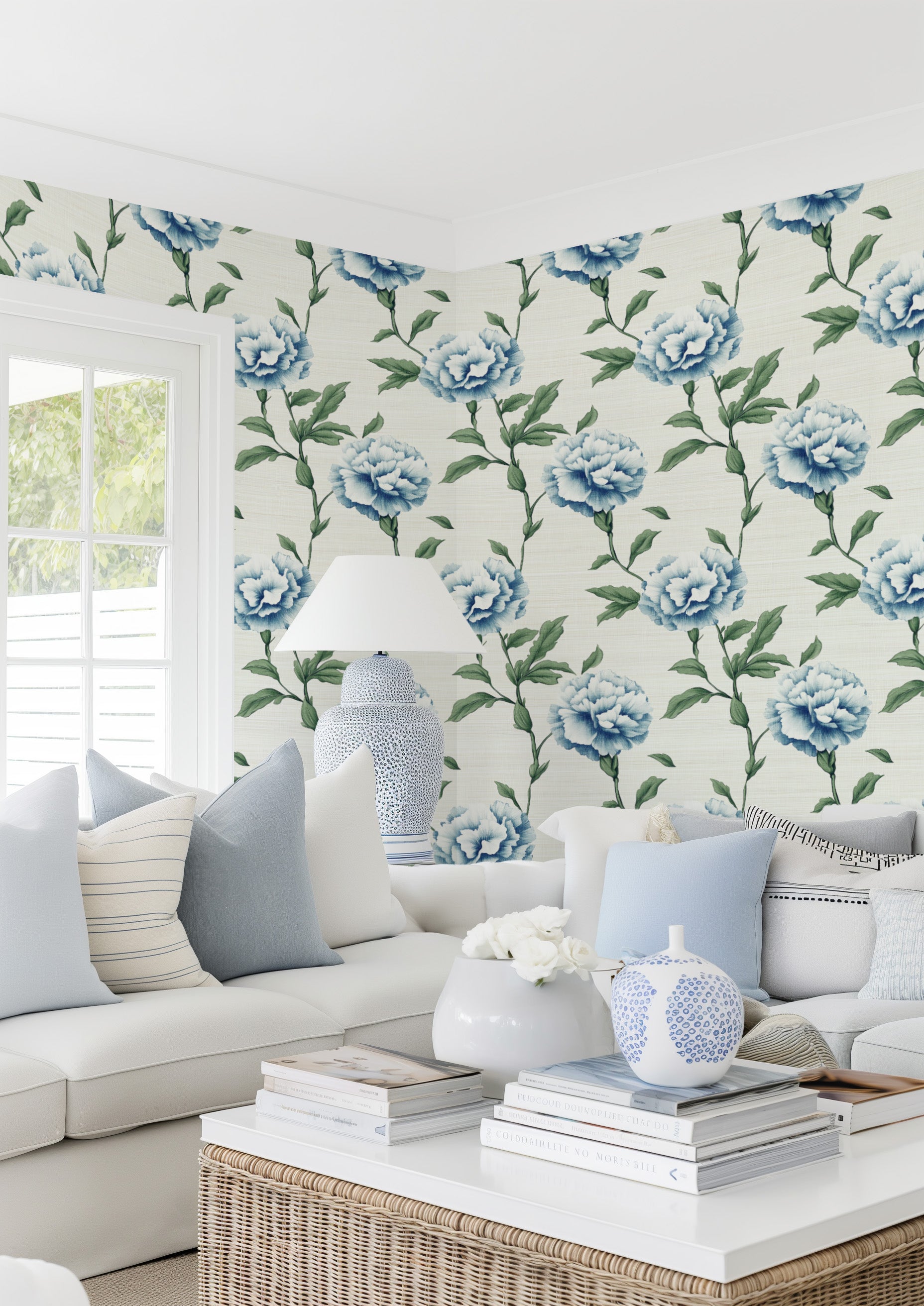 Cottage Carnations in Light Blue Wallpaper