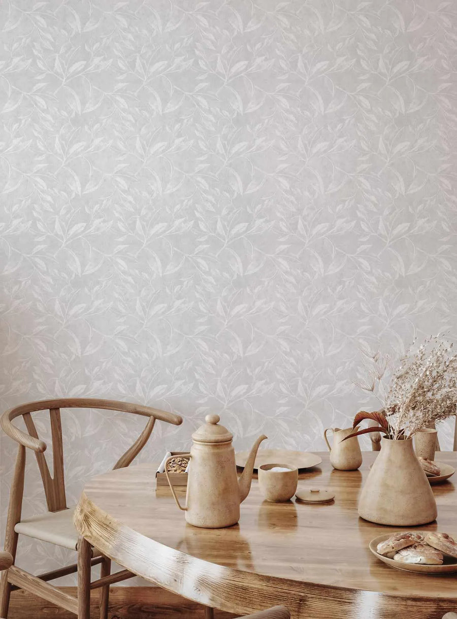 Autumn Leaves Wallpaper in Soft Grey from Olive et Oriel where you can shop wallpaper and artworks online
