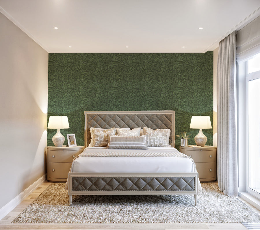 Floral Vines Luxe Dark Green Wallpaper from Olive et Oriel where you can shop wallpaper and artworks online