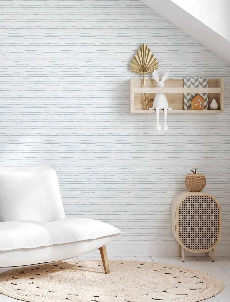 Thin Stripe Wallpaper in Blue from Olive et Oriel where you can shop wallpaper and artworks online