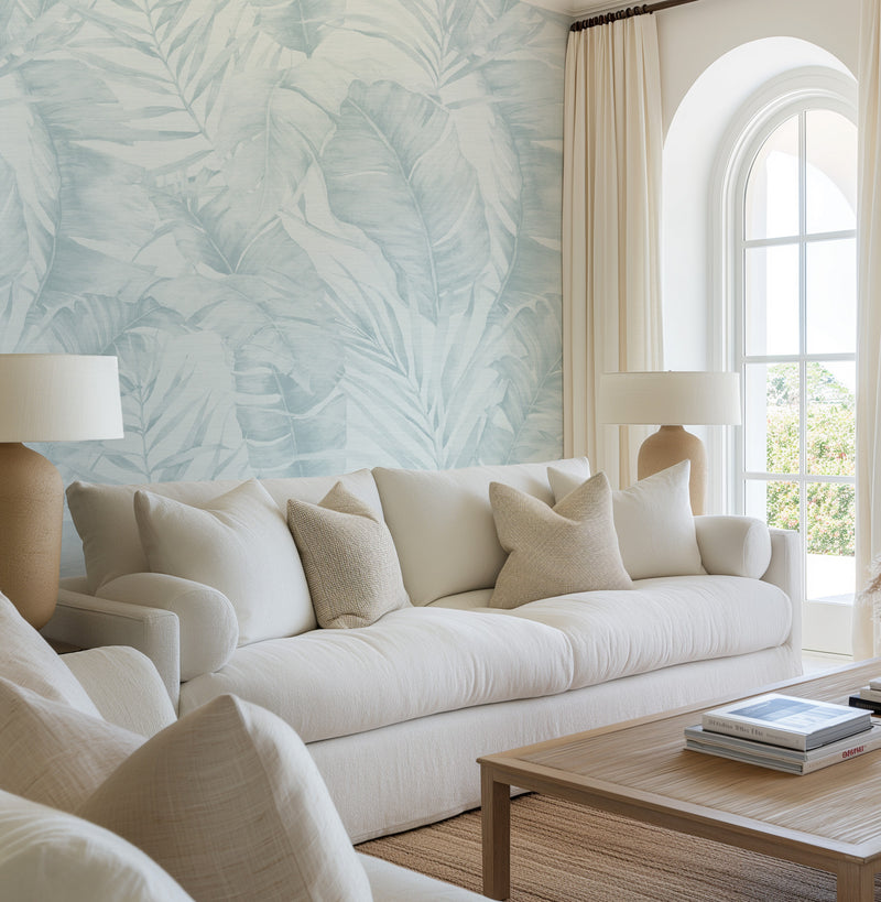 Palm Sanctuary in Light Blue Wallpaper from Olive et Oriel where you can shop wallpaper and artworks online