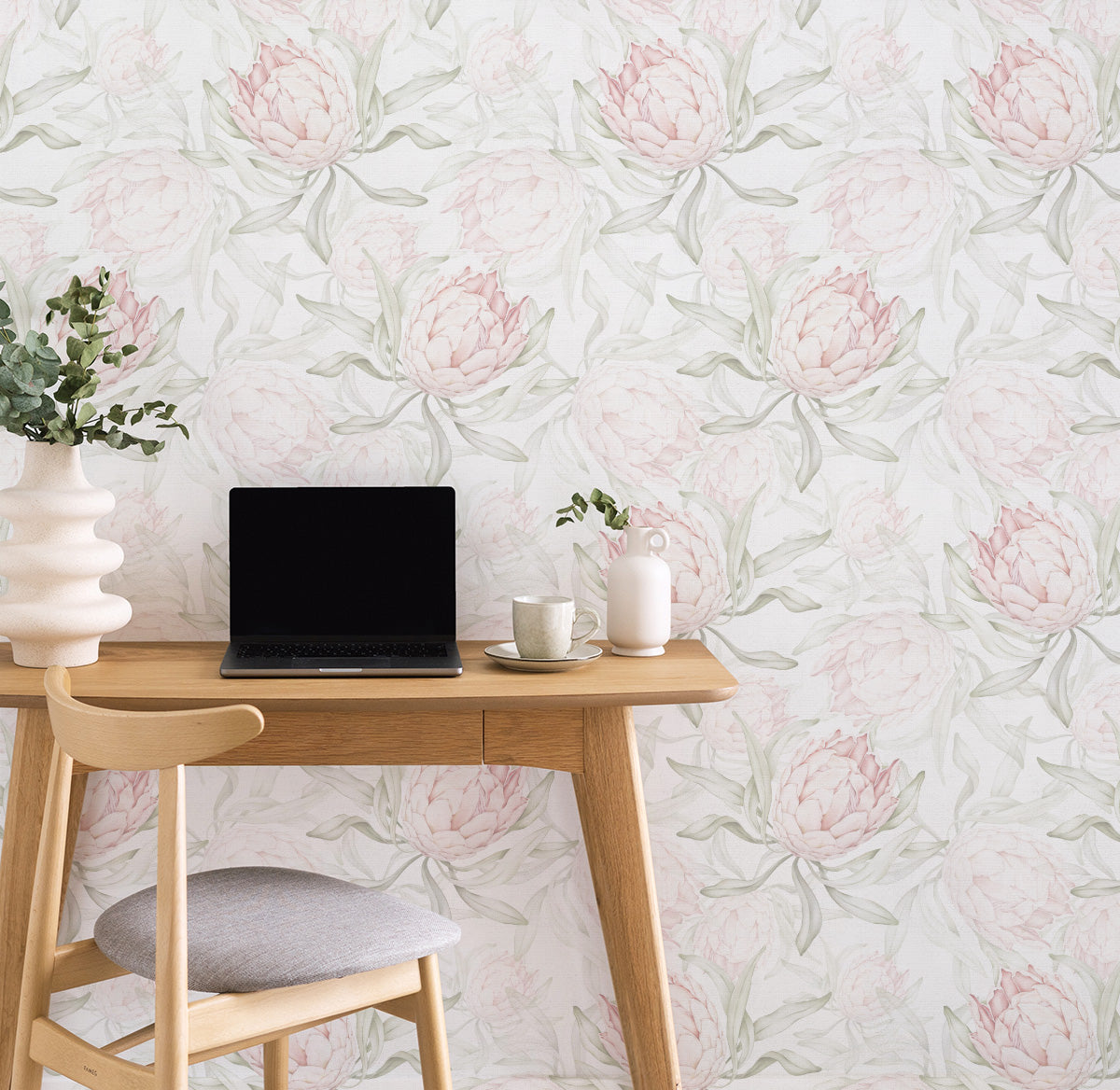 Paradise Protea in Soft Pink & Sage Green Wallpaper