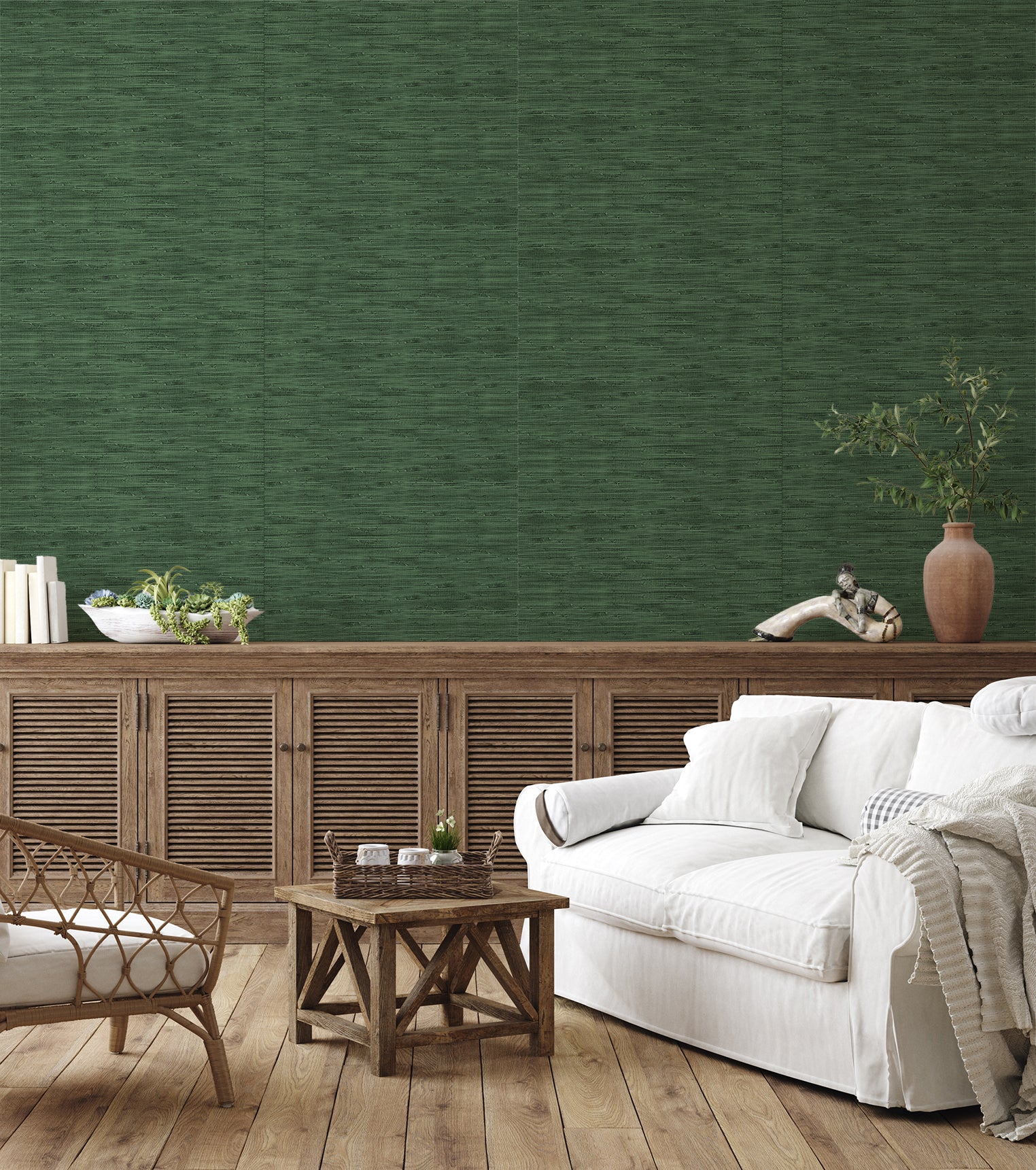 Faux Grass Cloth in Dark Green Wallpaper