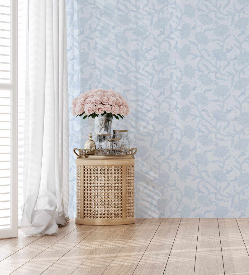 Luxe Block Print Floral in Light Blue Wallpaper from Olive et Oriel where you can shop wallpaper and artworks online