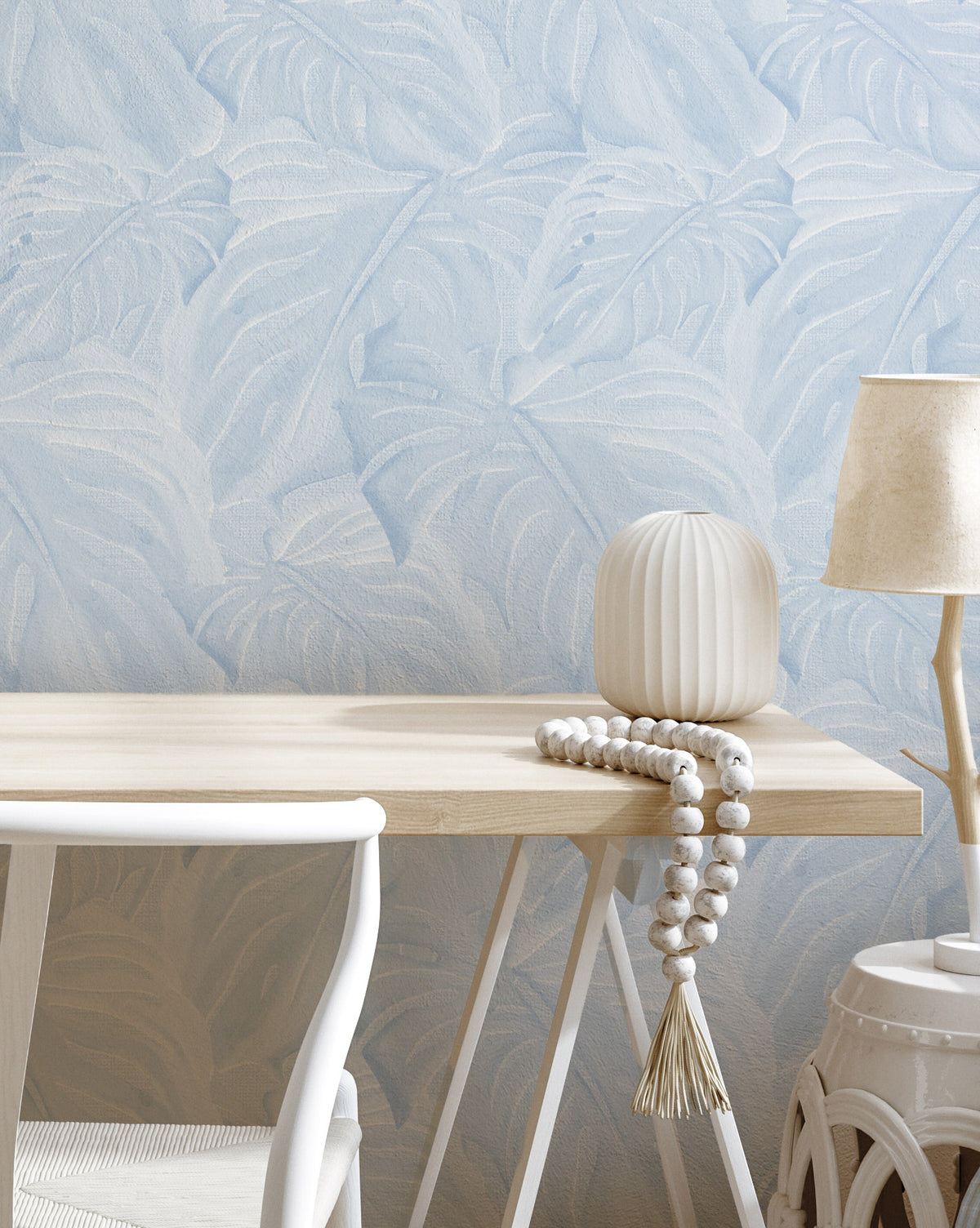 Hamptons Monstera in Light Blue Wallpaper from Olive et Oriel where you can shop wallpaper and artworks online