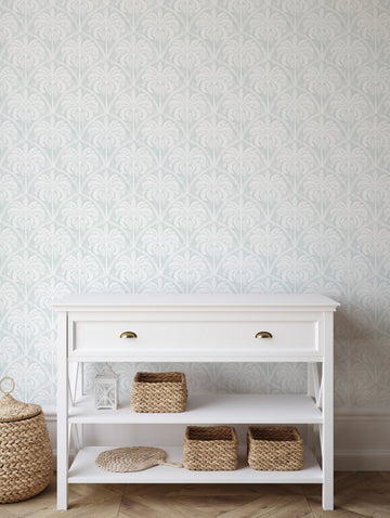 Priano Palms in Aqua Wallpaper from Olive et Oriel where you can shop wallpaper and artworks online