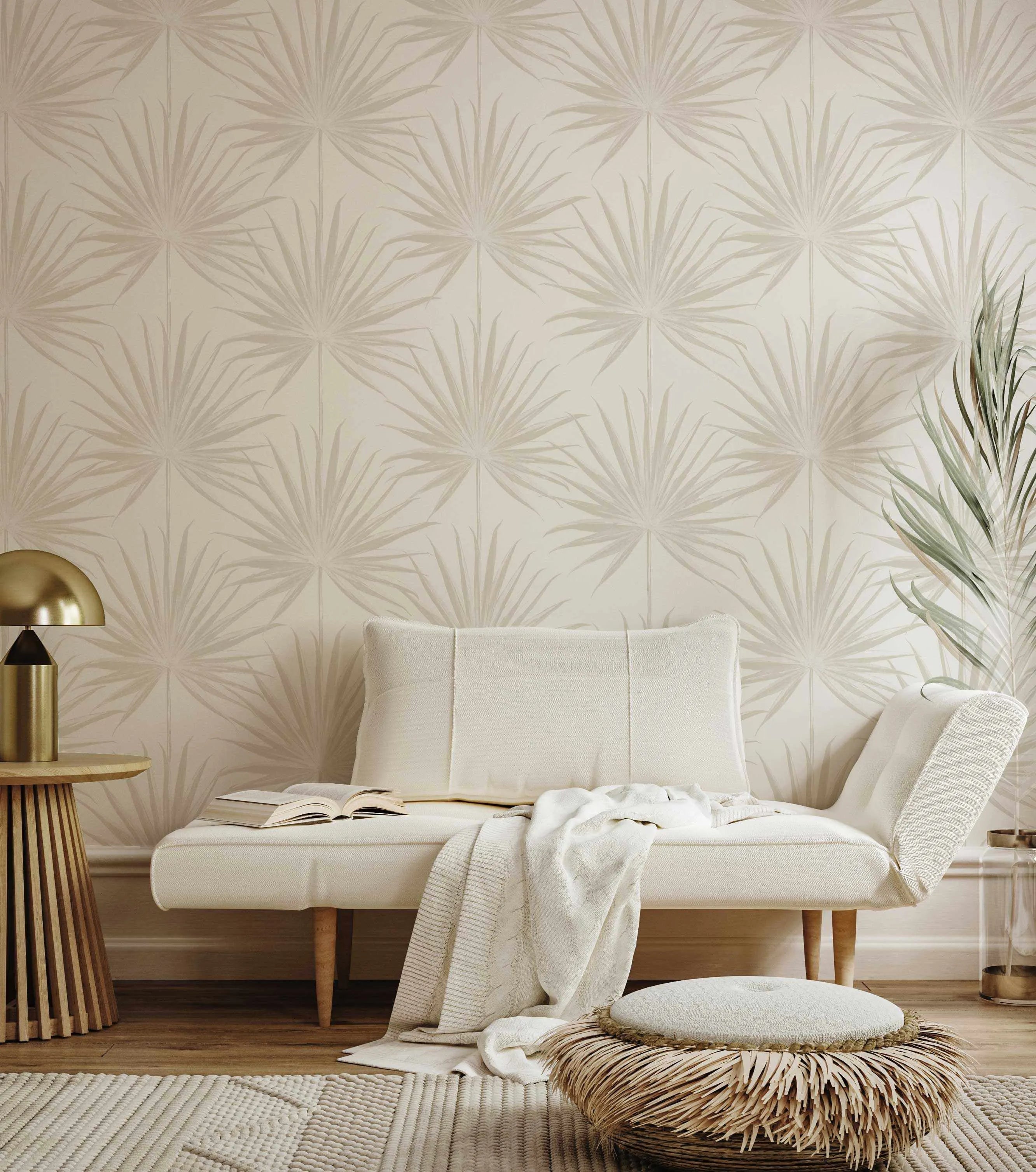 Coastal Palm Wallpaper in Warm Grey from Olive et Oriel where you can shop wallpaper and artworks online