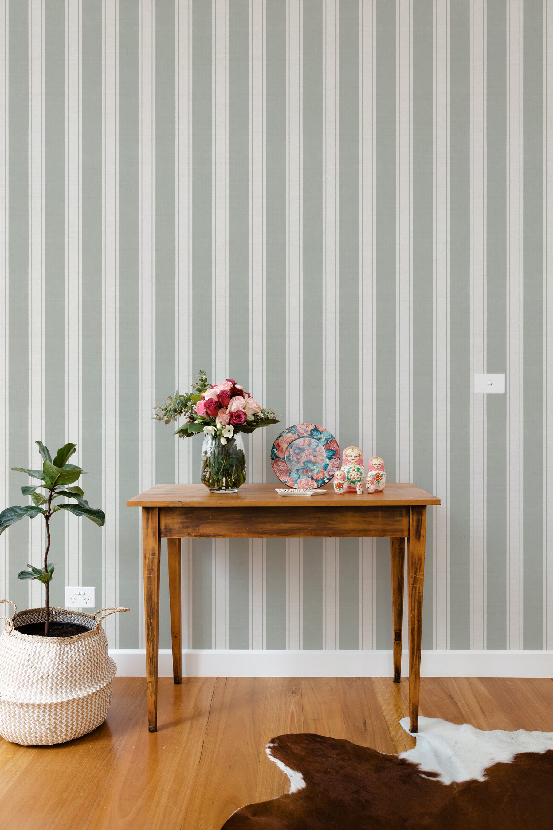 Country Stripe Eucalyptus Green Wallpaper