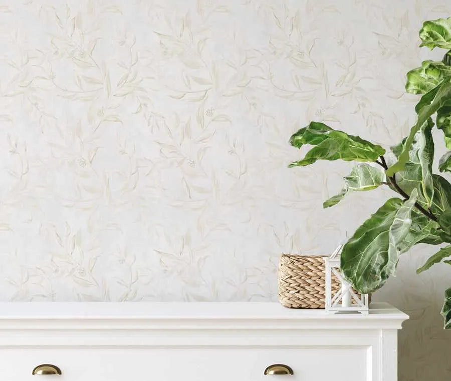 Olive Leaf Wallpaper in Dove Grey from Olive et Oriel where you can shop wallpaper and artworks online