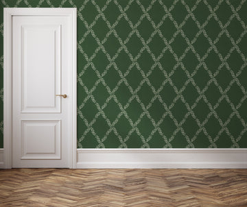 Leafy Lattice Dark Green Wallpaper from Olive et Oriel where you can shop wallpaper and artworks online