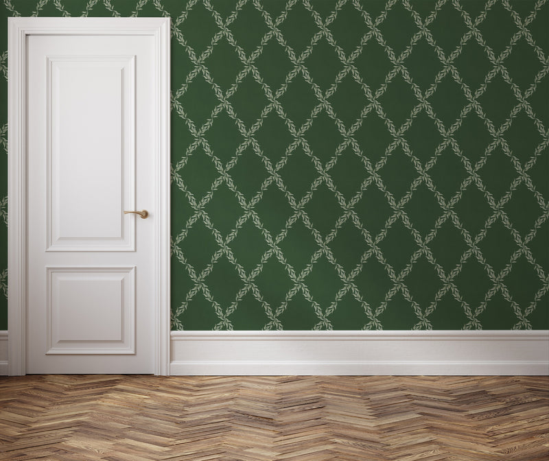 Leafy Lattice Dark Green Wallpaper from Olive et Oriel where you can shop wallpaper and artworks online
