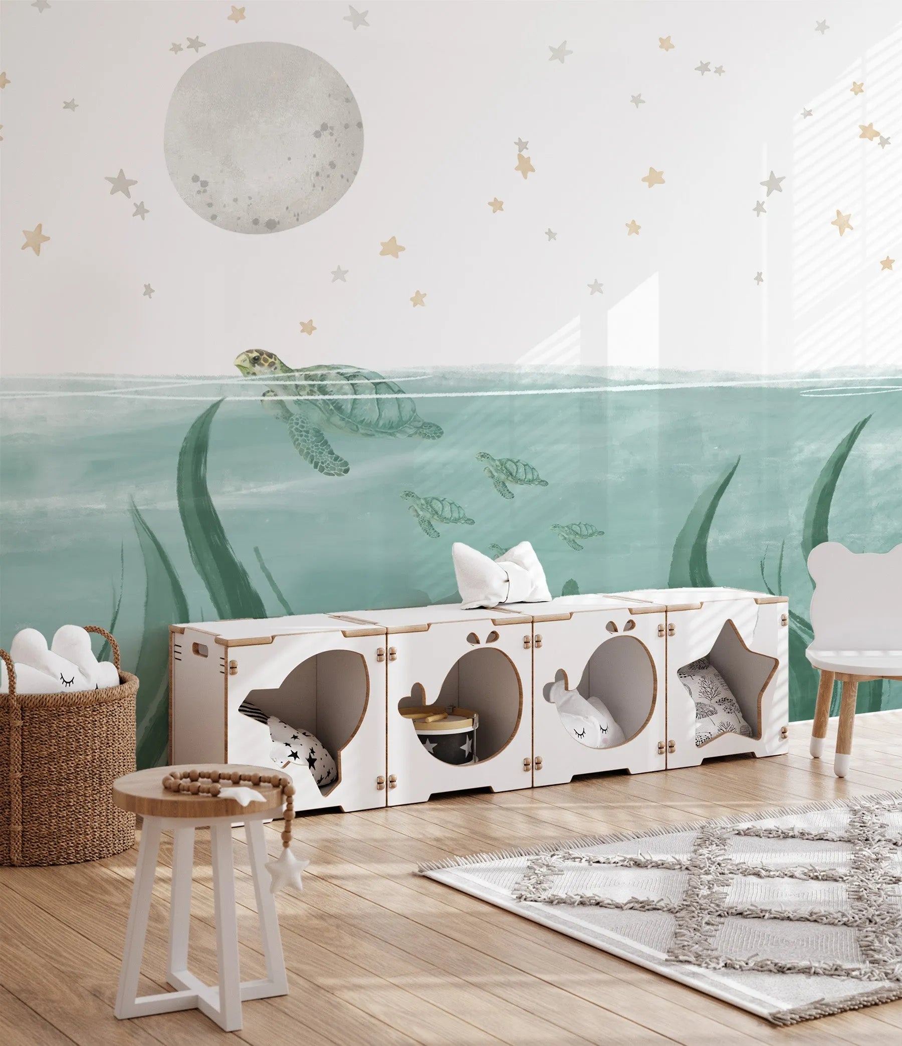 Sea Turtles In The Moonlight Wallpaper Mural from Olive et Oriel where you can shop wallpaper and artworks online